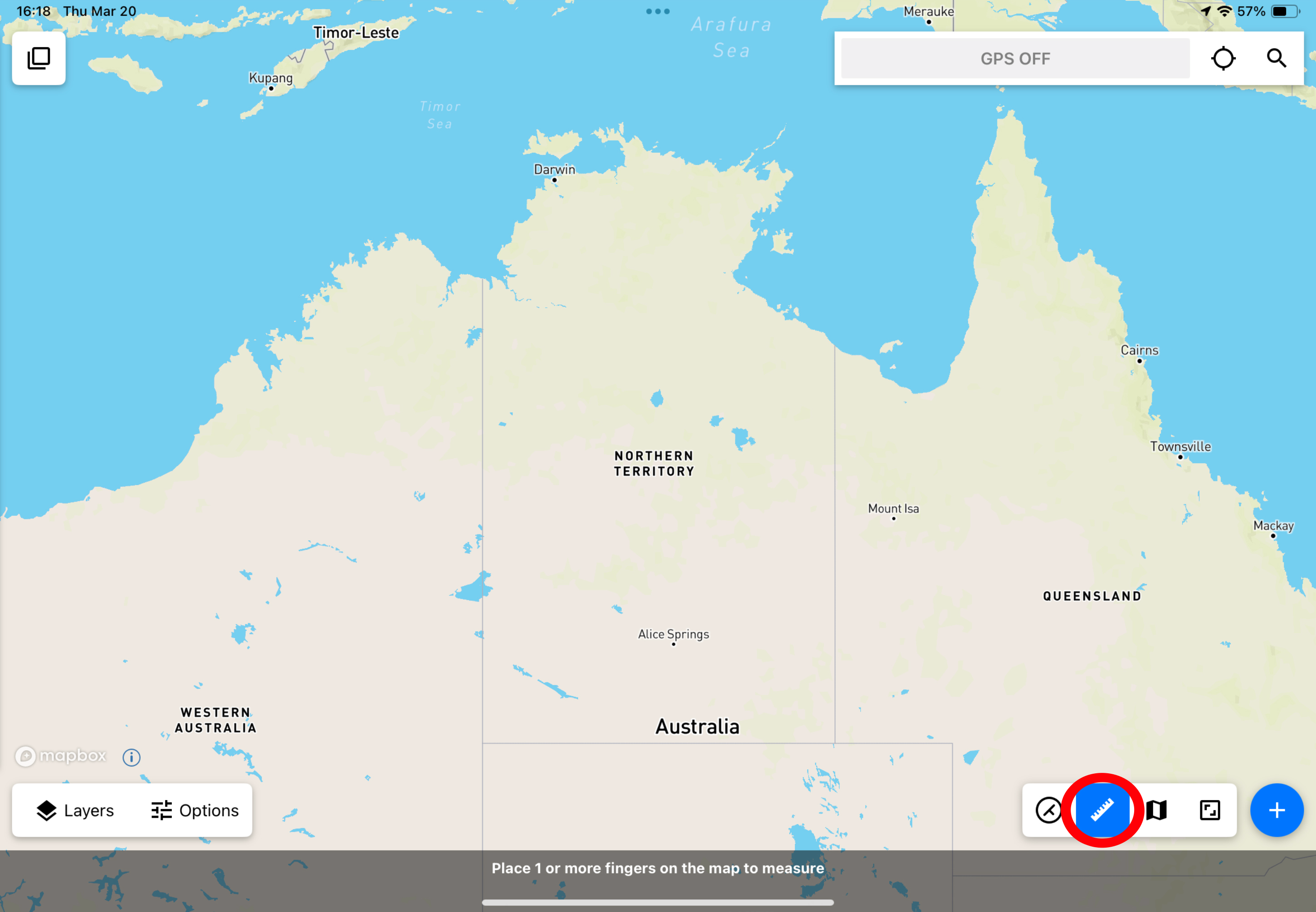 Sample Touch GIS project with the Measure button circled in red.