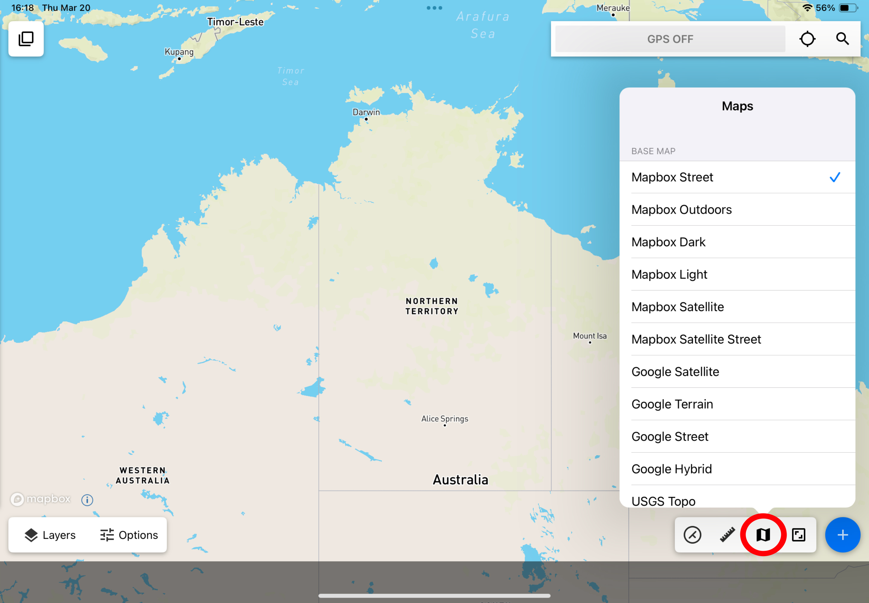 Sample Touch GIS project with the Basemaps & Overlays button circled in red.
