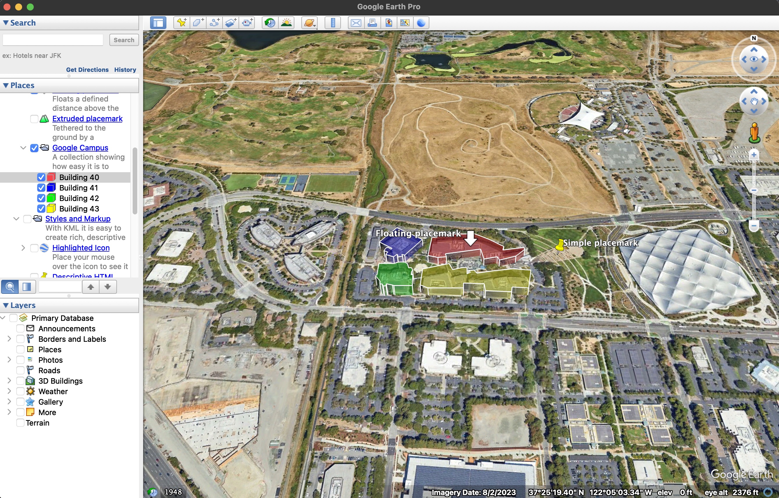 A screenshot of Google Earth Pro displaying the contents of a KML file that describes Google’s headquarters campus in California, USA.