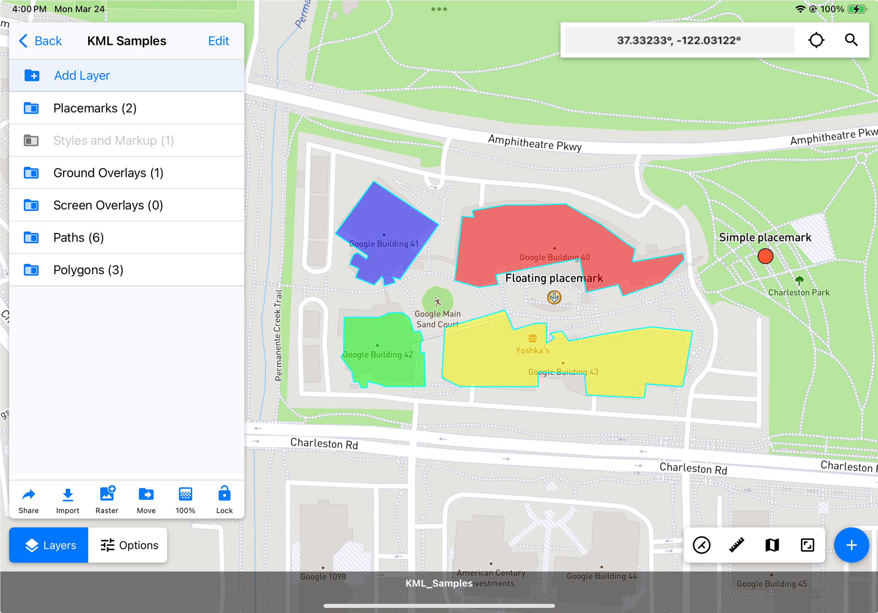 A screenshot of the Touch GIS Mobile application with the same Google Headquarters KML file rendered.