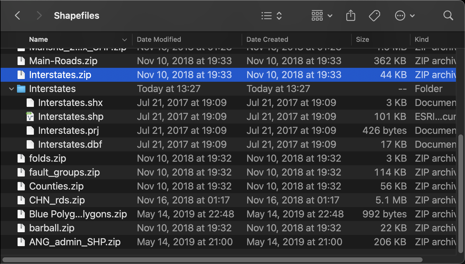 A macOS finder window displaying different shapefiles and their components.