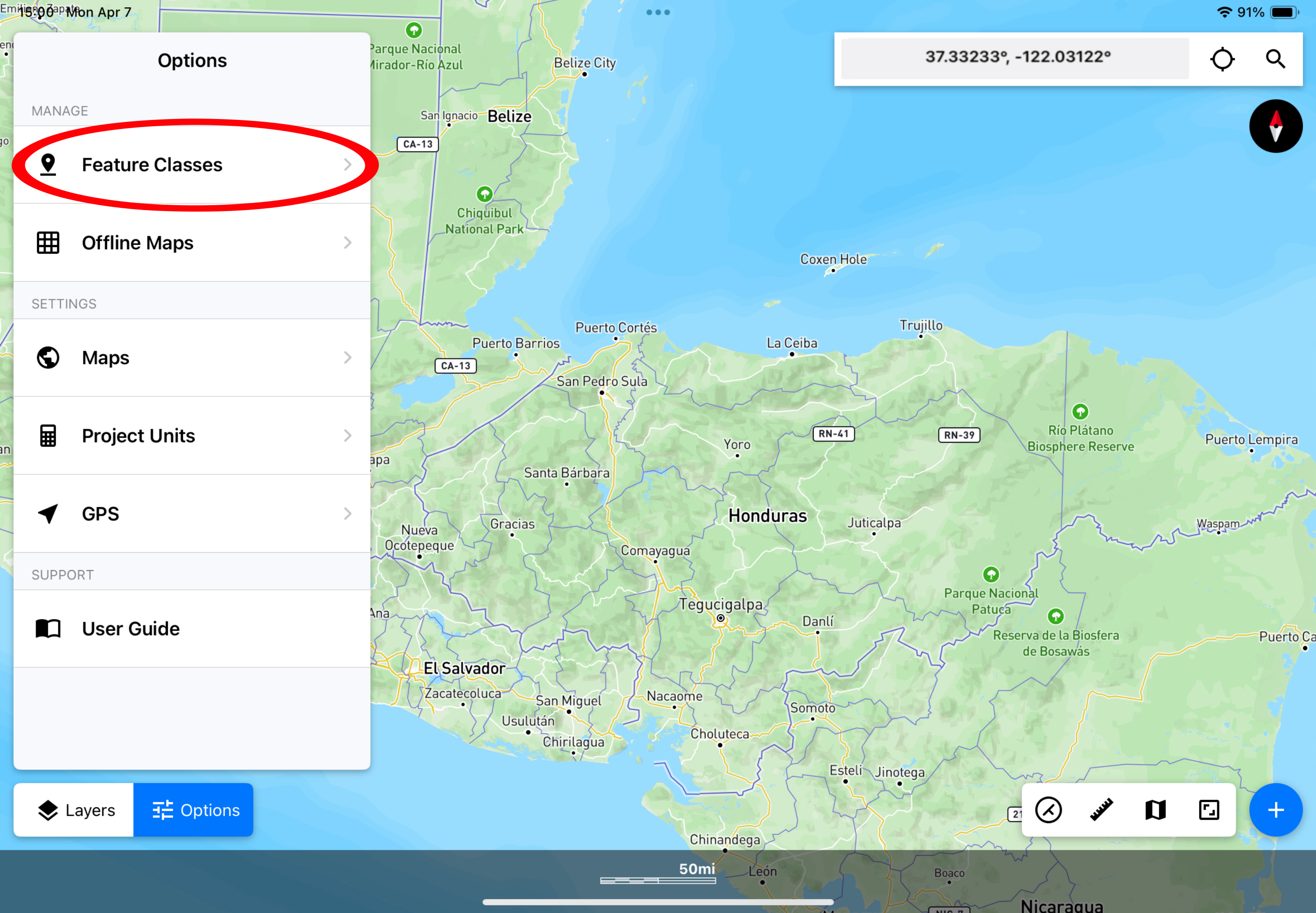 Screenshot of the Touch GIS interface with “Feature Classes” circled in the Options Panel