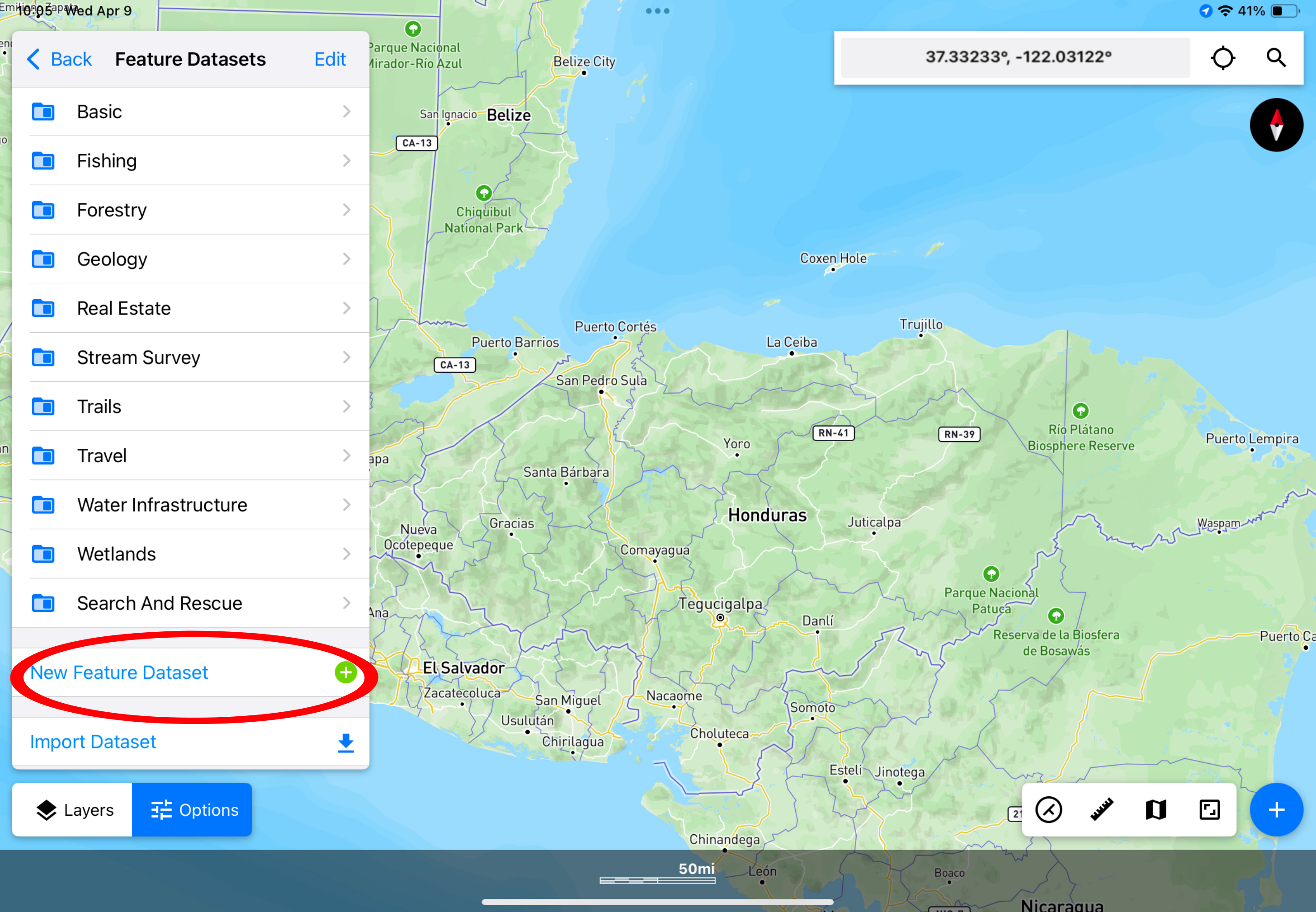 Screenshot of Touch GIS interface with “New Feature Dataset” circled in the options panel