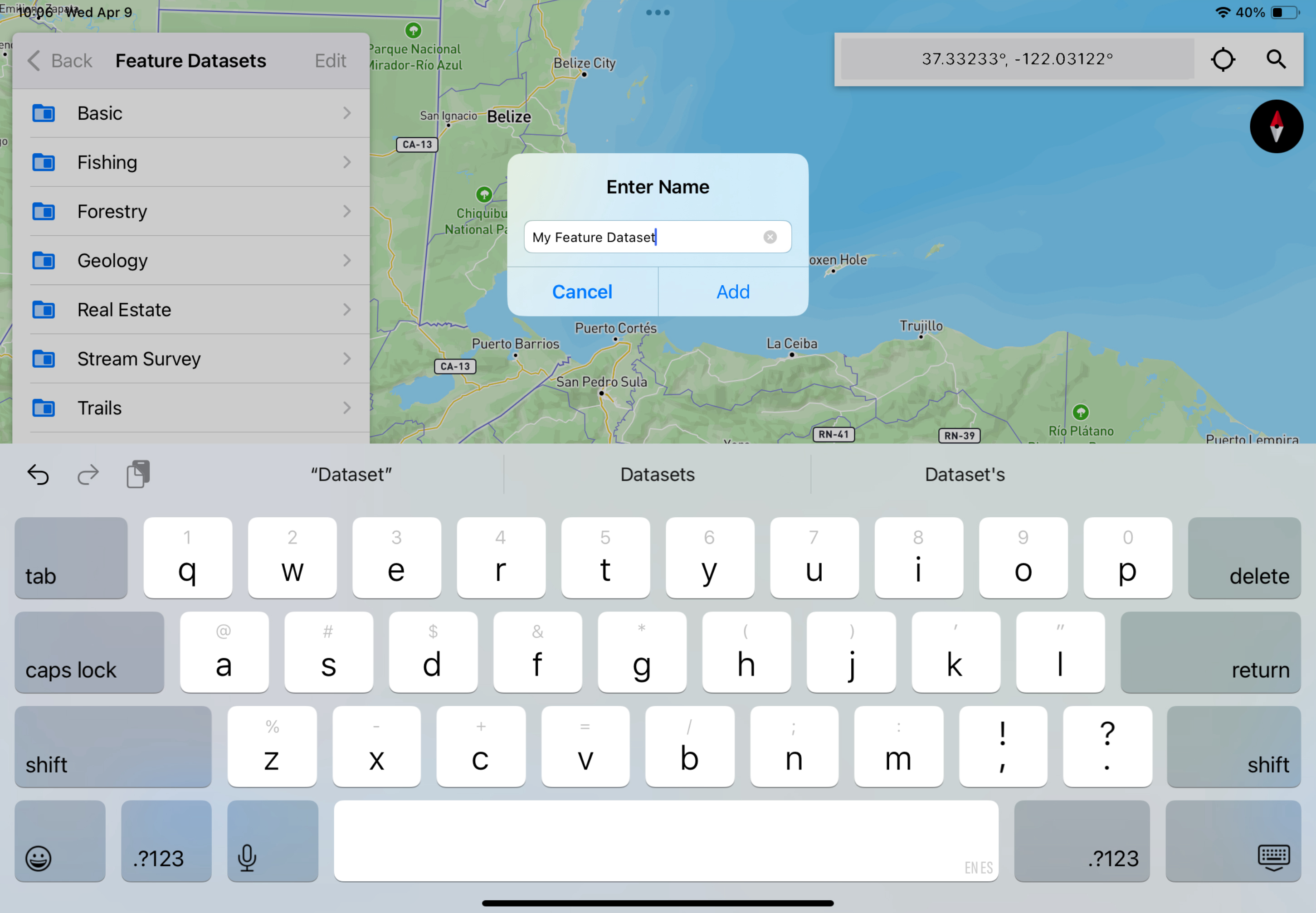 Screenshot of Touch GIS interface showing an “Enter Name” dialogue box with “My Feature Dataset” text input