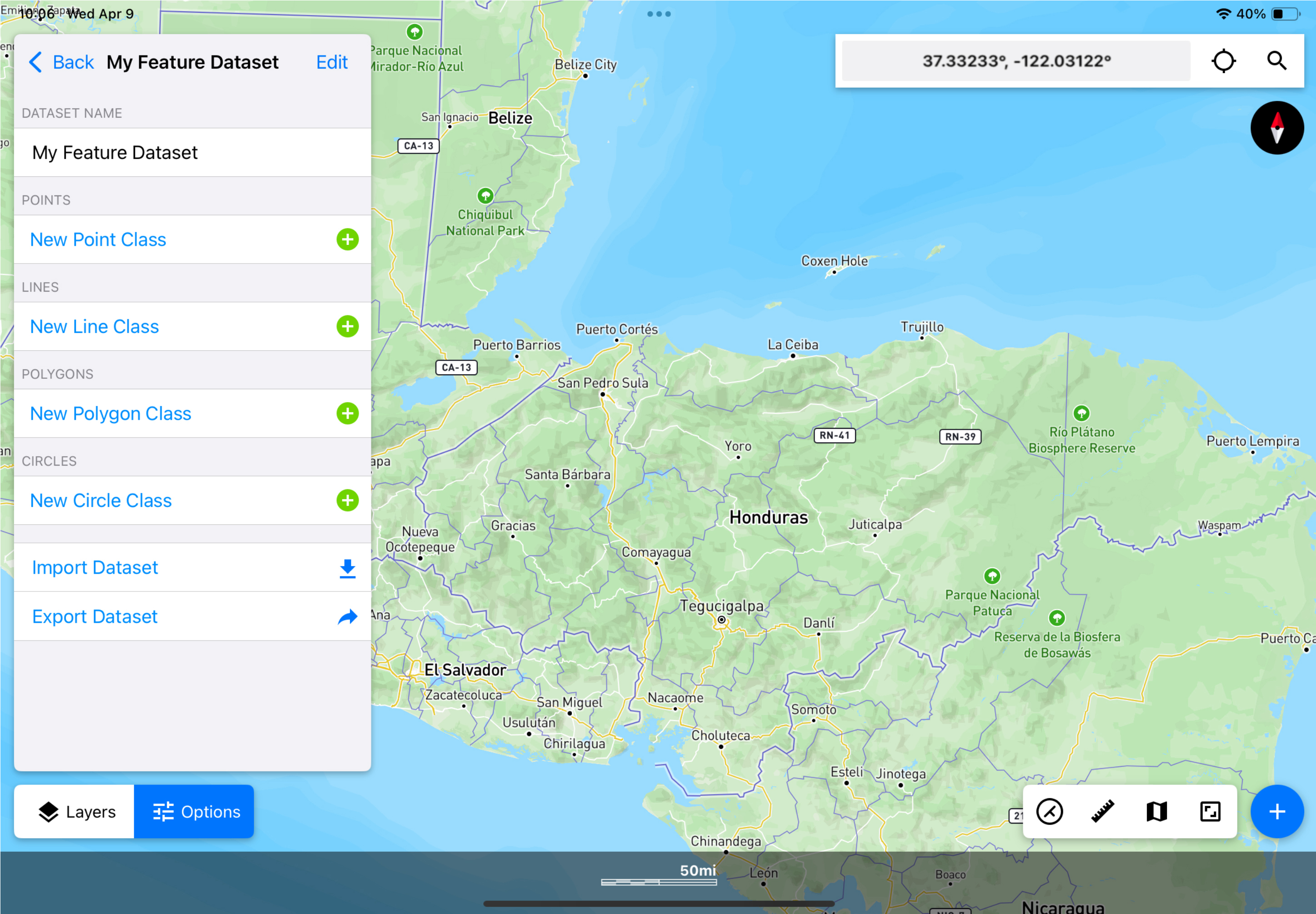 Screenshot of Touch GIS interface with custom feature dataset called “My Feature Dataset” showing in the Options Panel