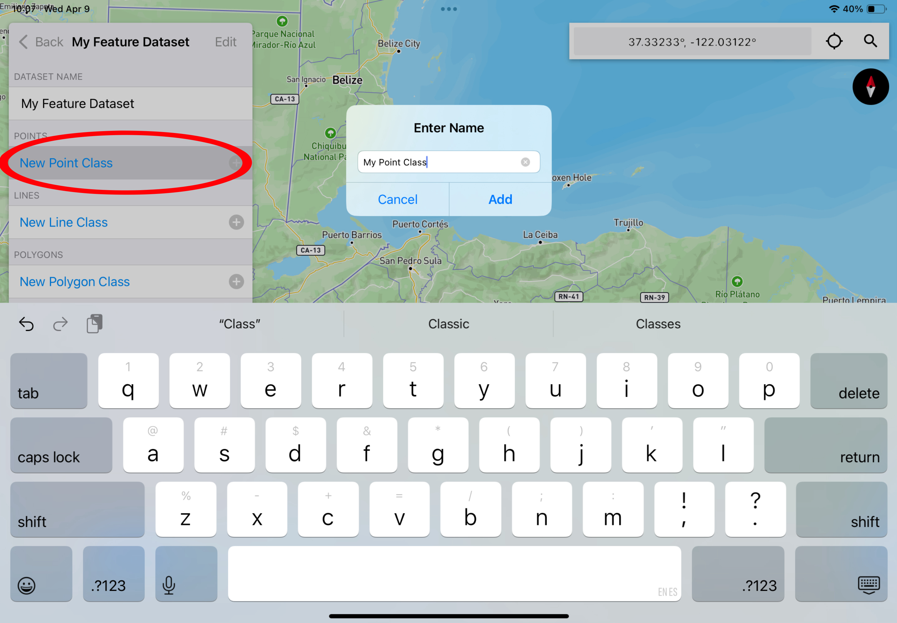 Screenshot of Touch GIS interface showing an “Enter Name” dialogue box with “My Point Class” text input
