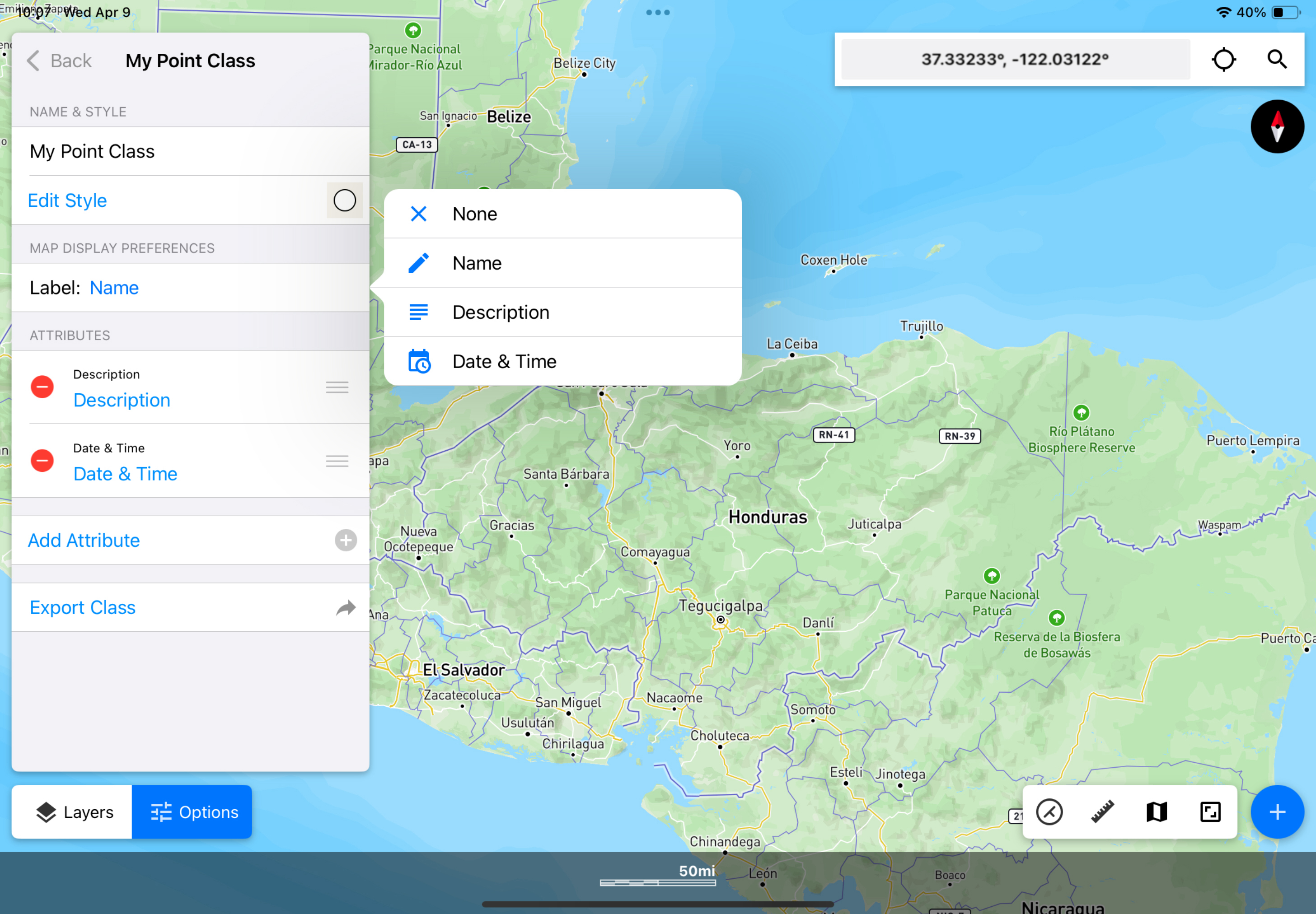 Screenshot of the Touch GIS interface with My Point Class showing in the Options Panel and an additional dialogue box showing Map Display Preferences: None, Name, Description, Date & Time