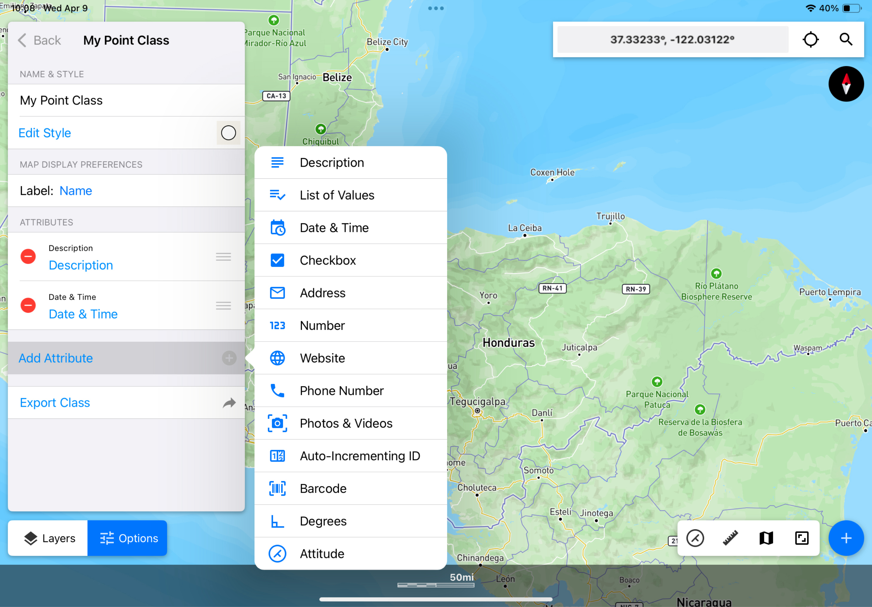 Screenshot of the Touch GIS interface with My Point Class showing in the Options Panel and an additional dialogue box showing Add Attribute preferences: Description, List of Values, Date & Time, Checkbox, Address, Number, Website, Phone Number, Photos & Videos, Auto-Incrementing ID, Barcode, Degrees, Attitude