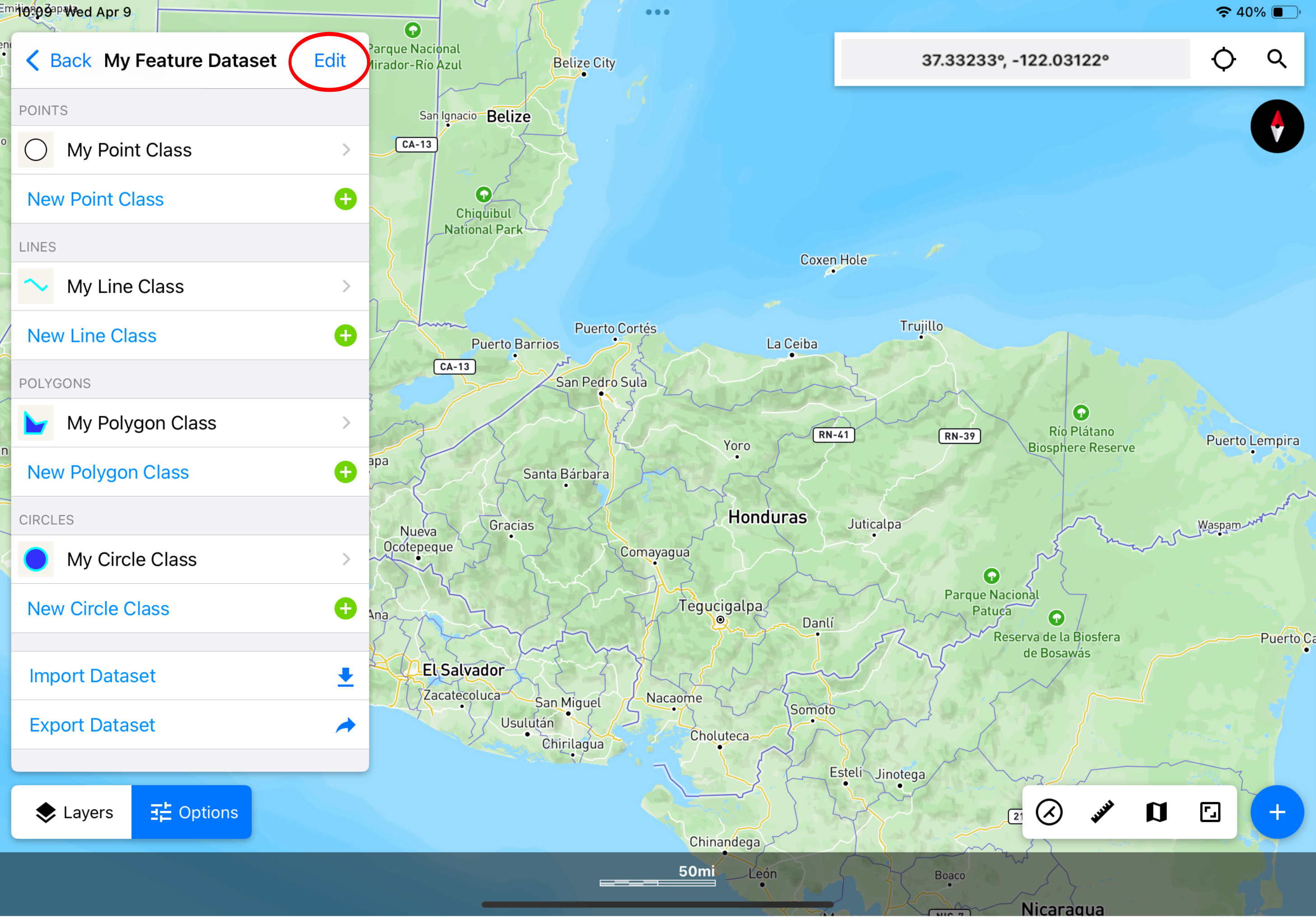 Screenshot of the Touch GIS interface with My Feature Dataset showing in the Options Panel and the Edit button circled in red
