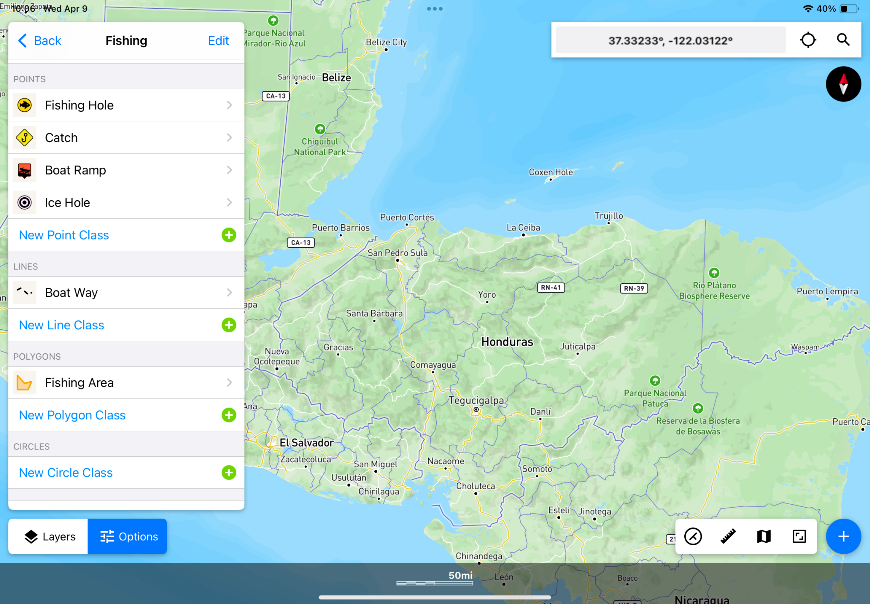 Screenshot of the Touch GIS interface with the Fishing Feature Class shown in the Options Panel