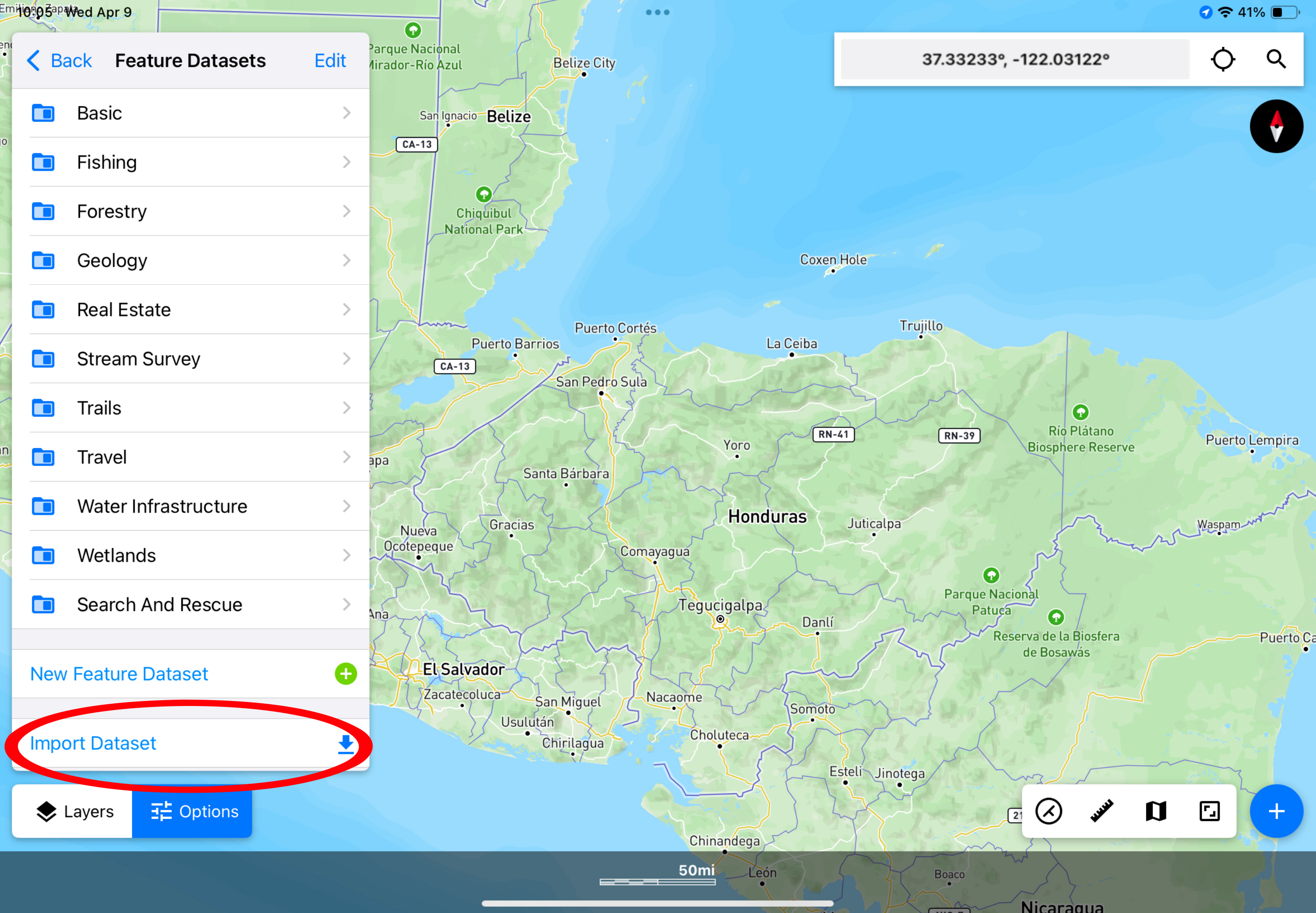 Screenshot of the Touch GIS interface with Feature Datasets shown in the Options Panel and the Import Dataset button circled in red