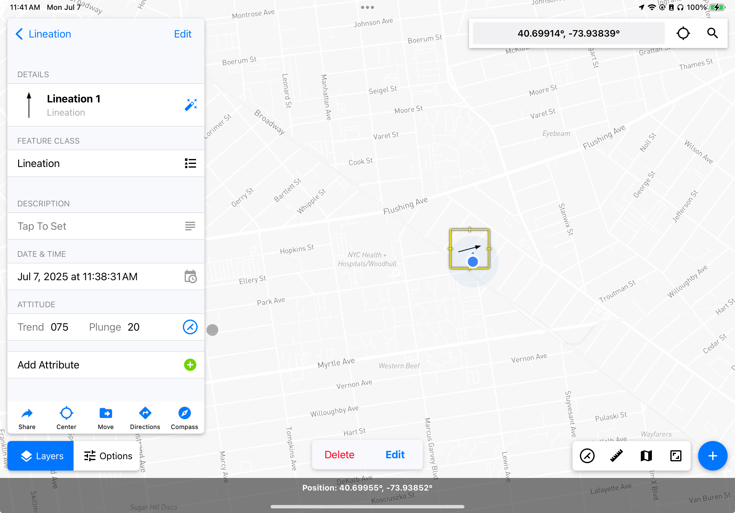 The Touch GIS app showing a linear measurement icon rendered on top of a base map, matching the orientation measurement on the feature.