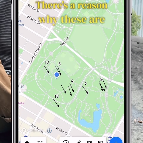 A snapshot of rockdocdan's Instagram reel showing a series of arrows across Central Park, New York all pointing roughly South East.