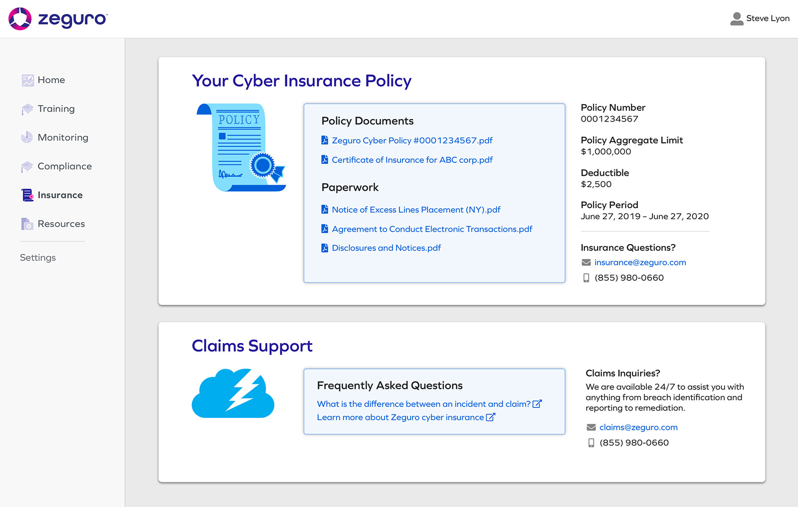Screenshot from Zeguro platform to show Insurance screen