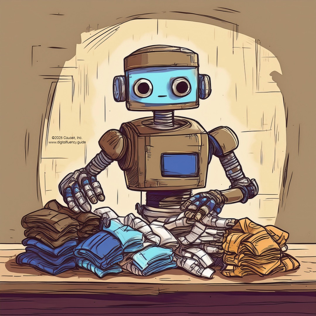 A bored robot sorts socks.