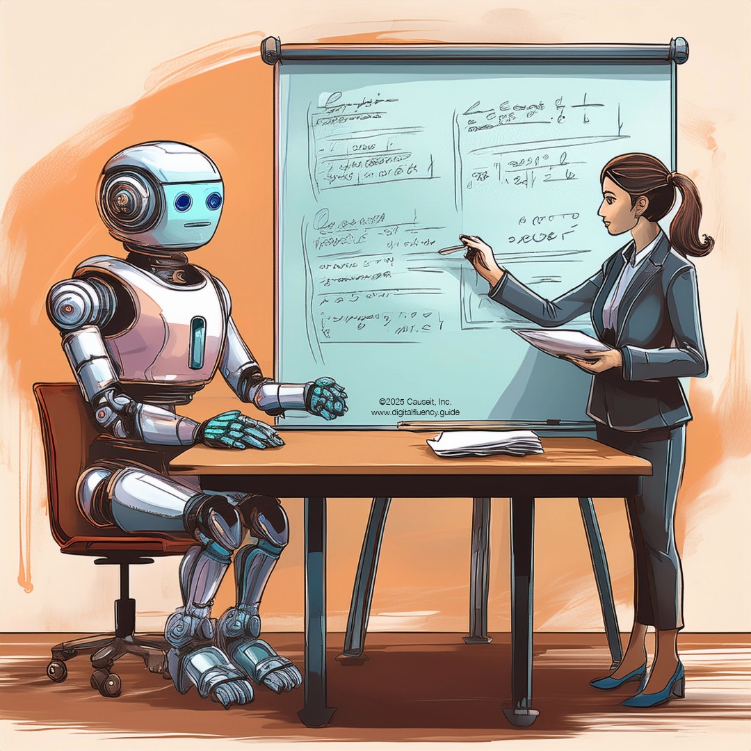 A female professional trains a robot at a whiteboard, where she is writing clearly-numbered instructions for the robot.