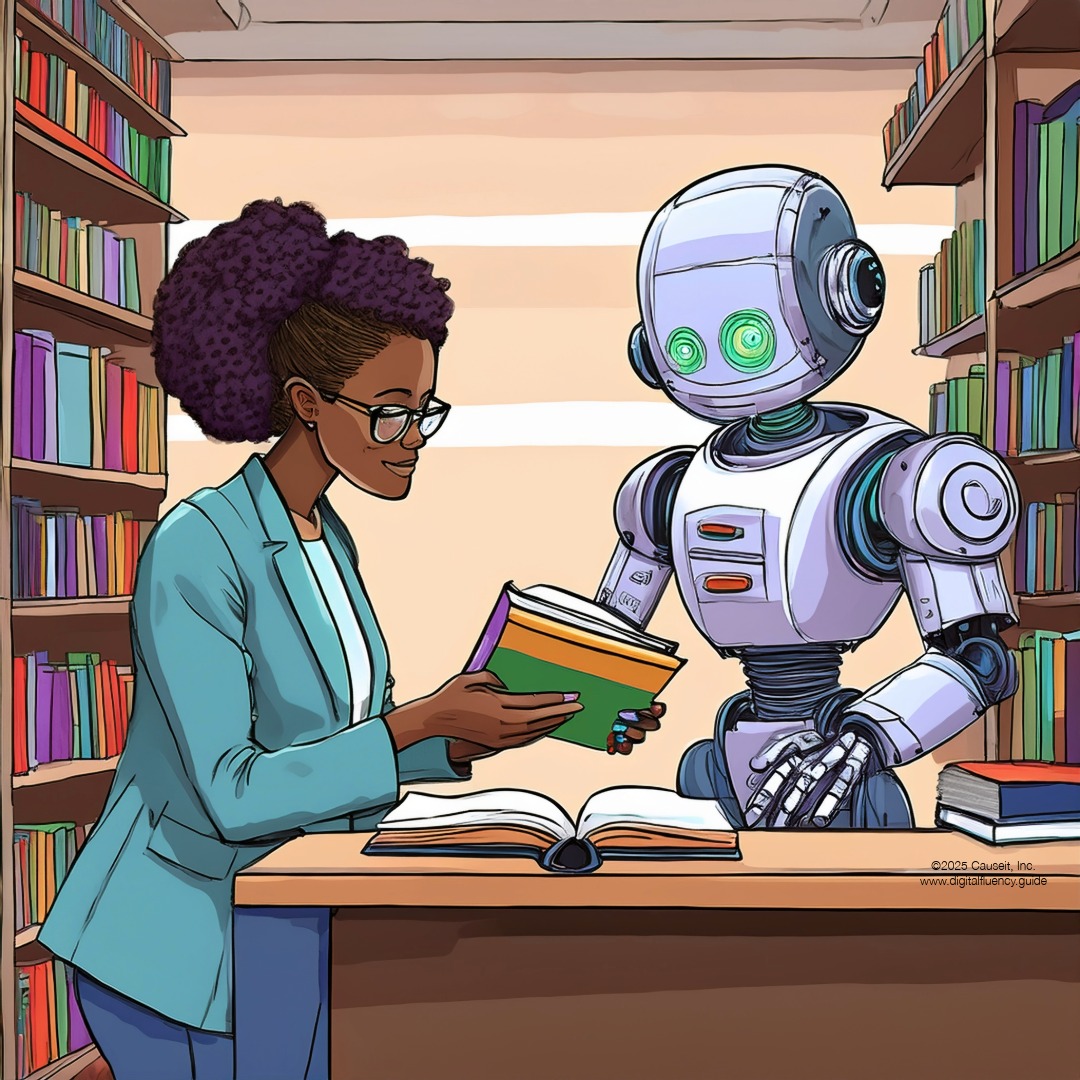 A black female librarian helps a robot find the perfect book.