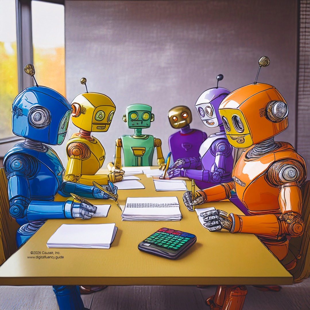 A team of colorful robots, each with their own specialized tool (a calculator, a paintbrush, a typewriter) sit around a conference table.
