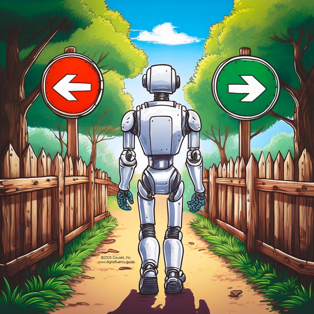A robot walks down a fence-lined path, encountering a fork in the road. A red arrow points one way, and a green arrow points the other way.