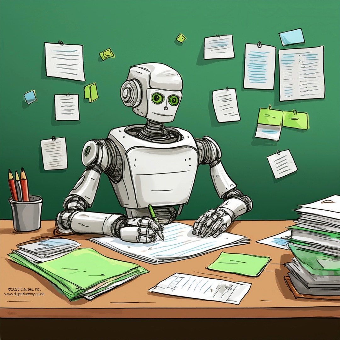 A robot complete a paper form, referring to their handwritten notes, surrounded by sticky notes.