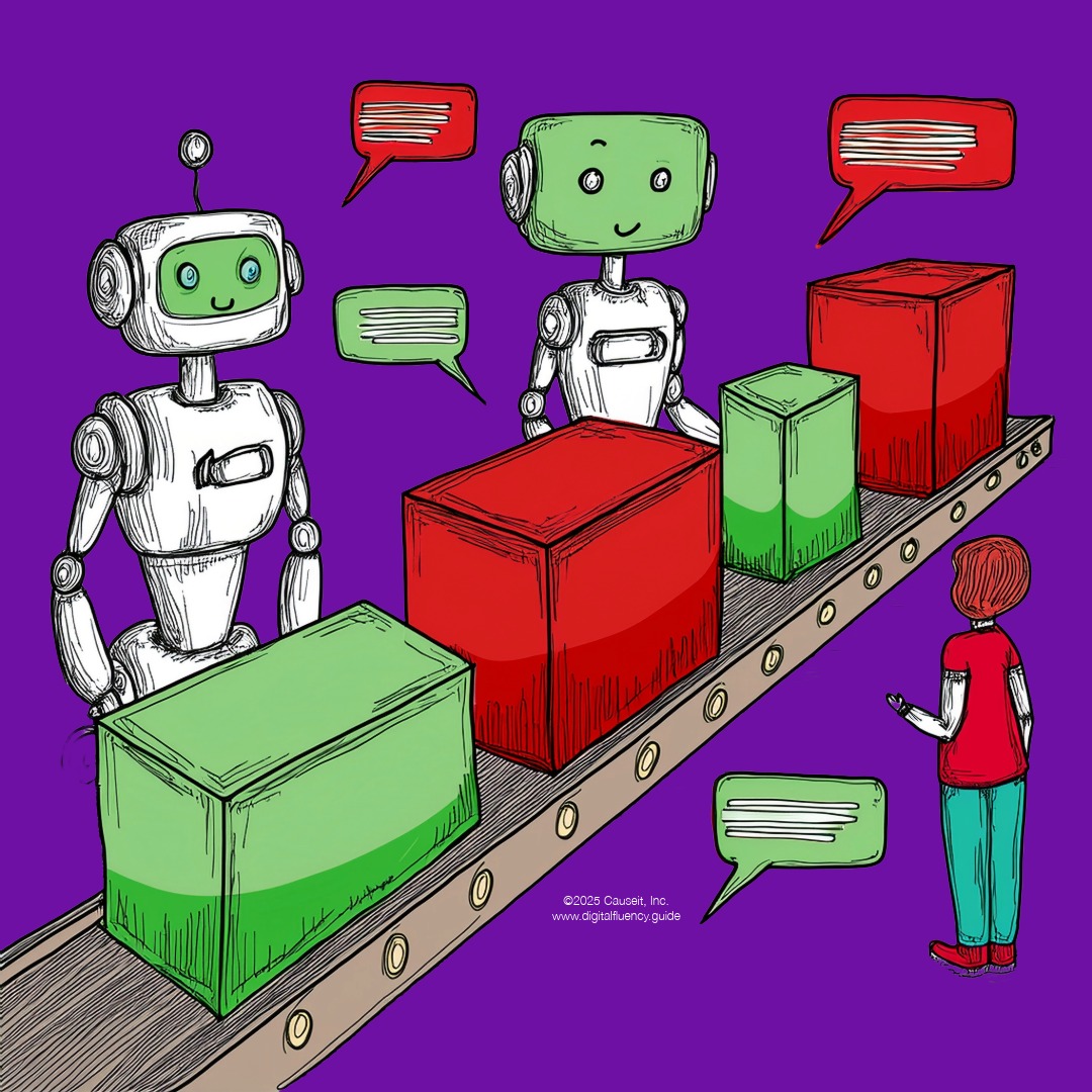 A conveyor belt of chat bubbles, green and red. Humans and robots sort them together.