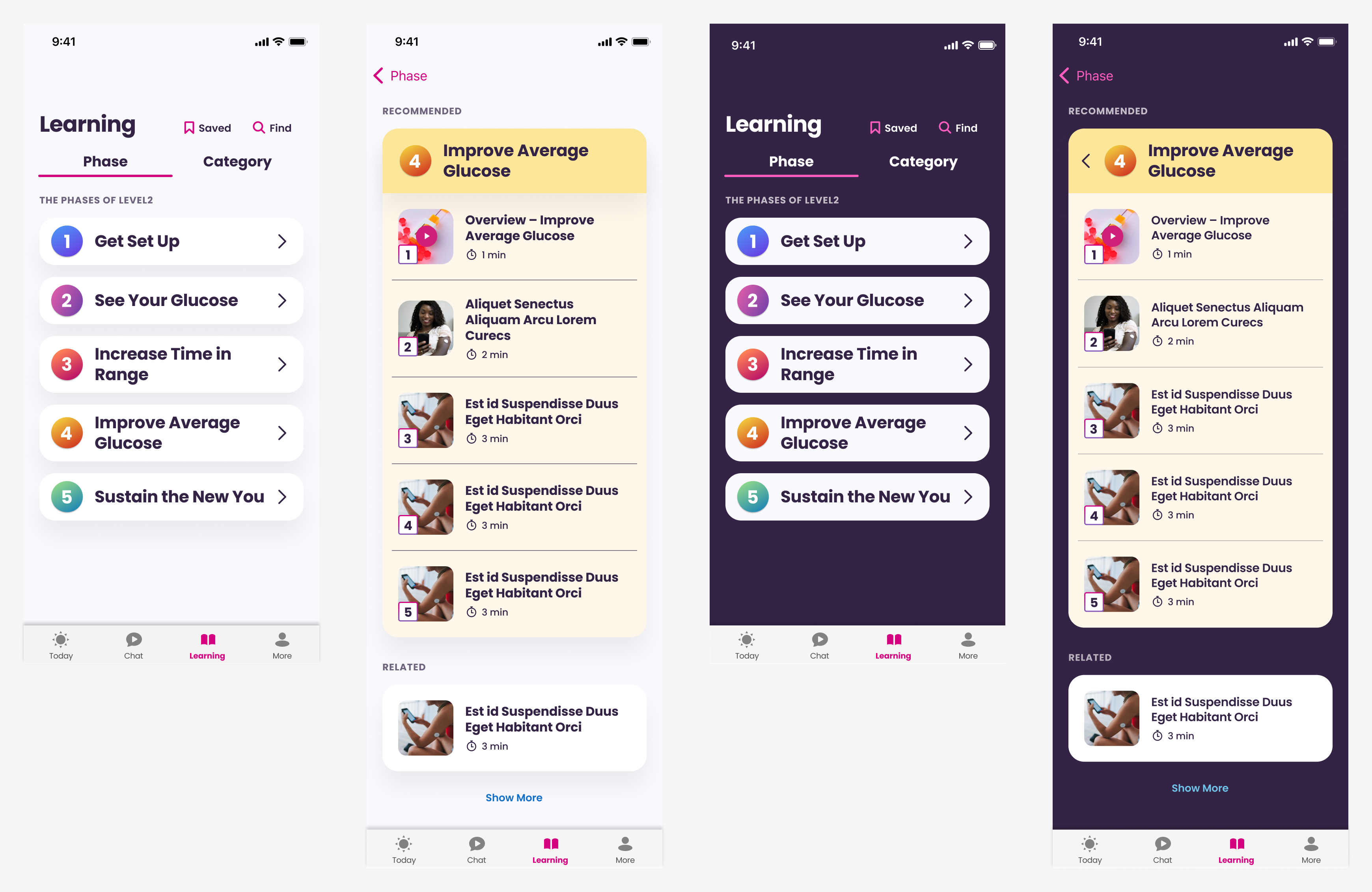 Overview of all screens designed for Learning section