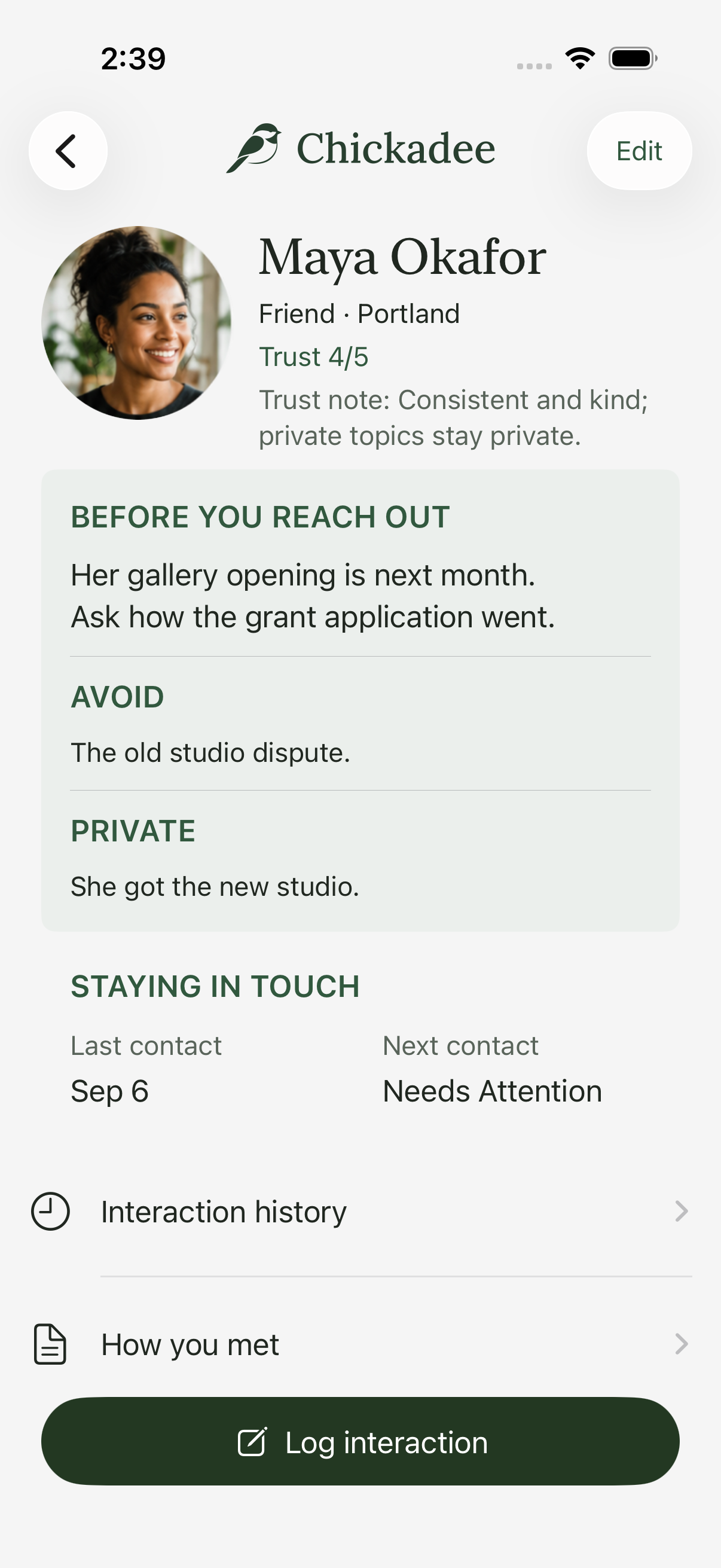A sample contact profile in Chickadee with conversation context, notes, and interaction history.
