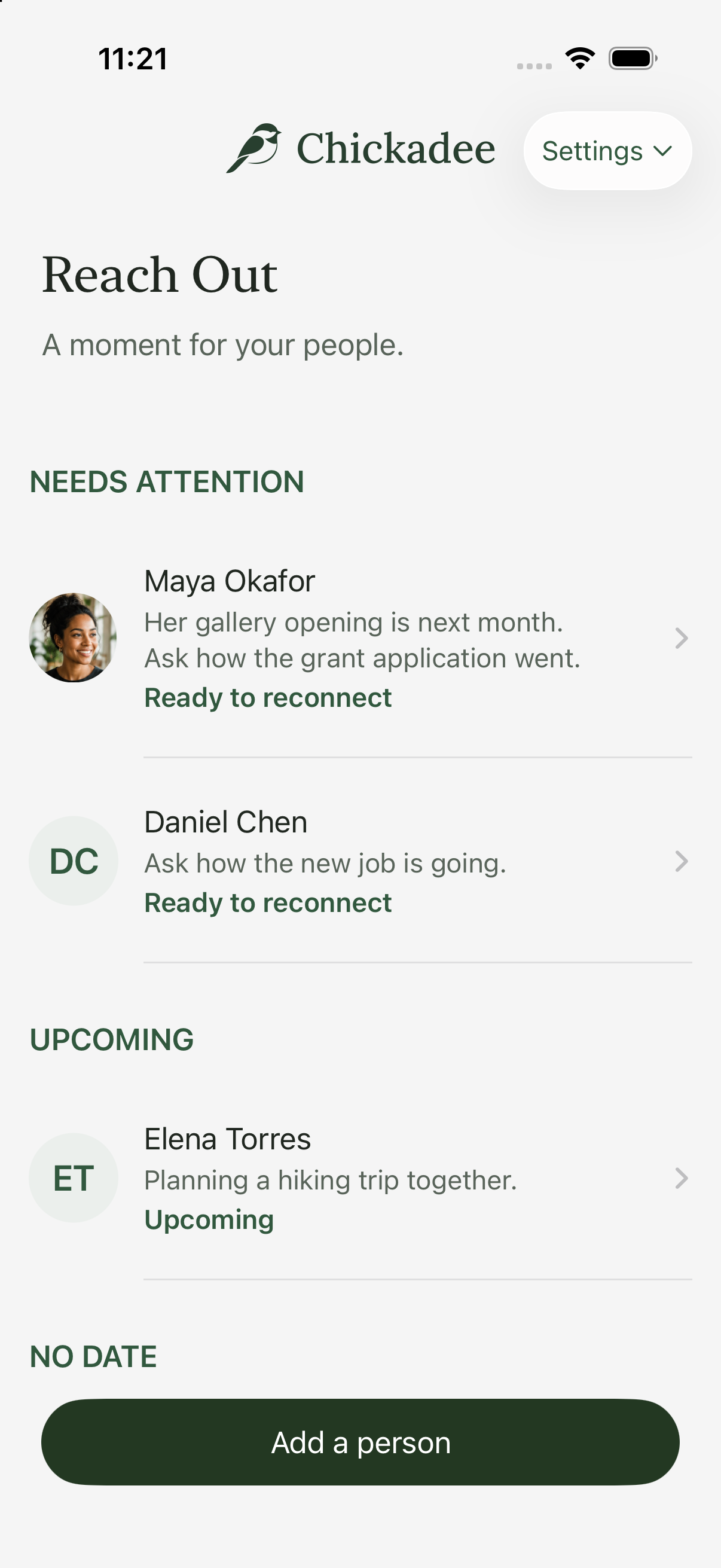 Chickadee’s Reach Out screen, showing sample people and a useful detail to remember before reconnecting.