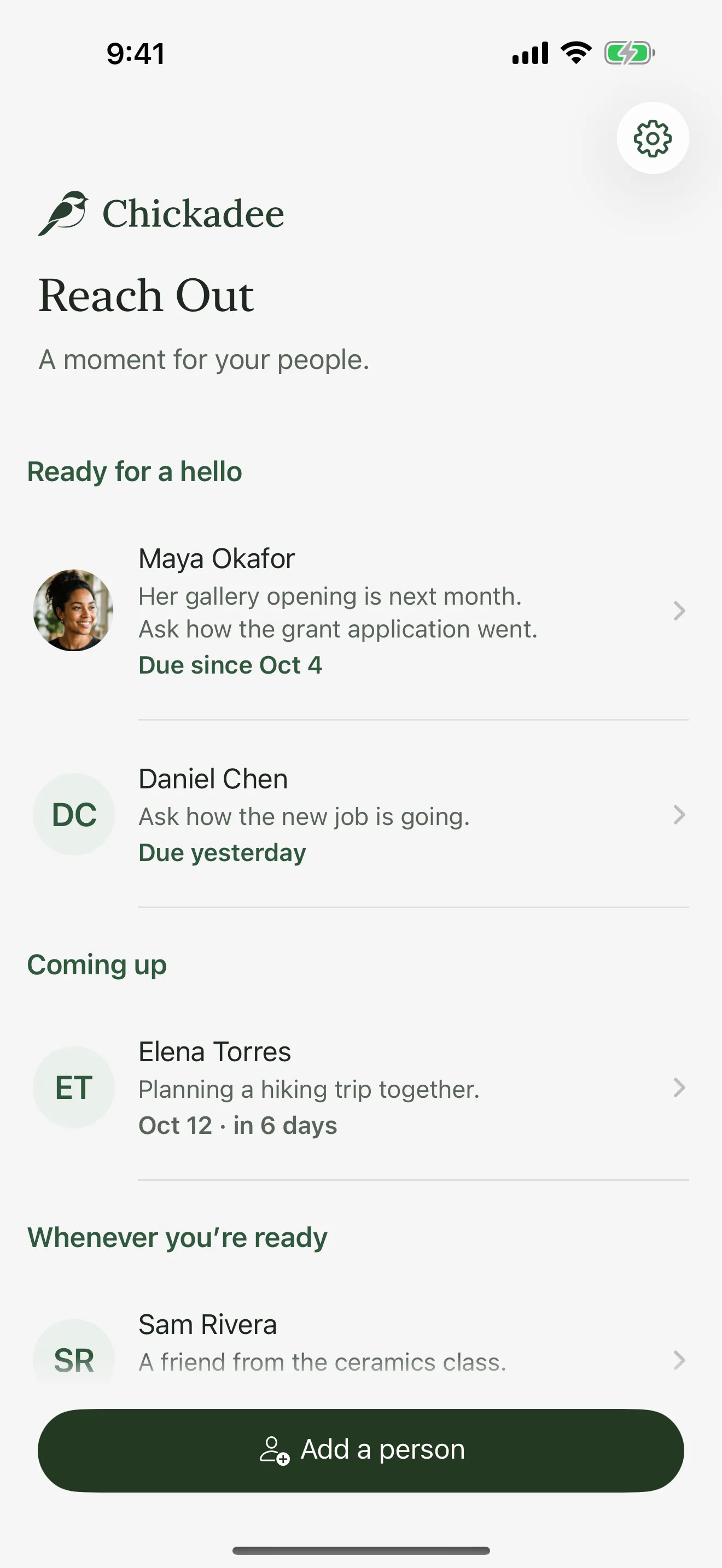 Chickadee’s Reach Out screen on iPhone, with sample people grouped into Ready for a hello, Coming up, and Whenever you’re ready.