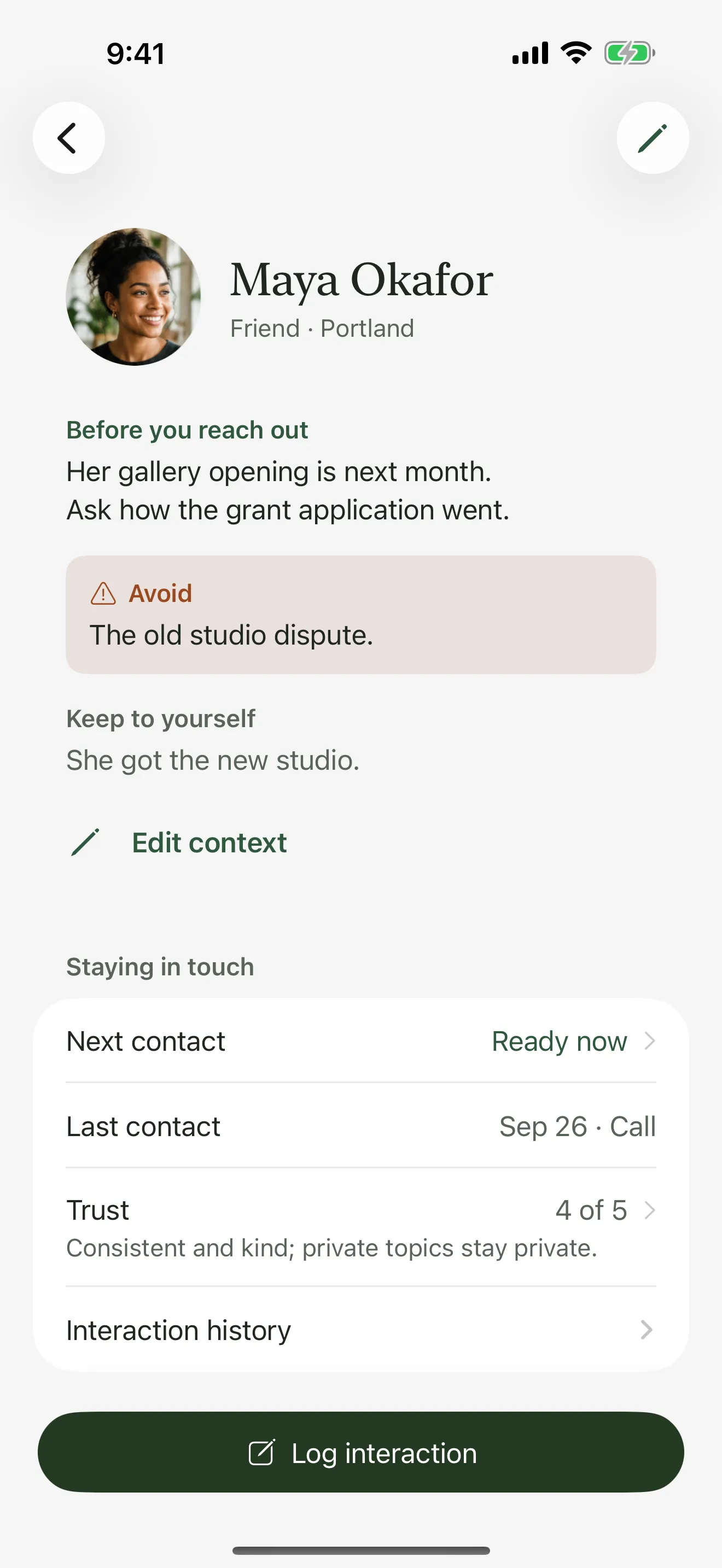 A sample profile for Maya Okafor, showing what to bring up, a warm Avoid callout reading “The old studio dispute,” and Keep to yourself.
