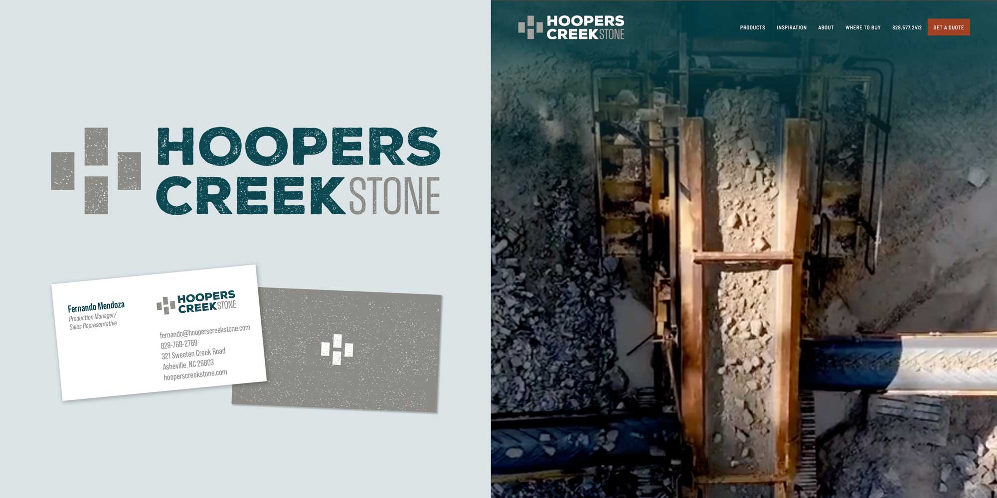 Website images showing a conveyor belt with stones and business cards