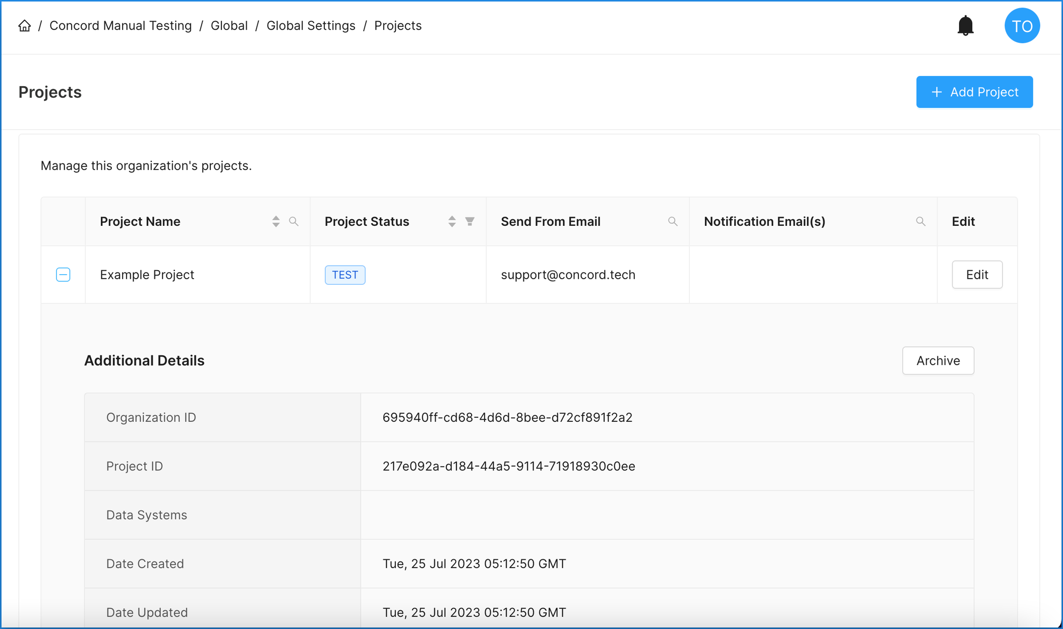 Concord Admin UI Global Settings Projects Archiving a Project