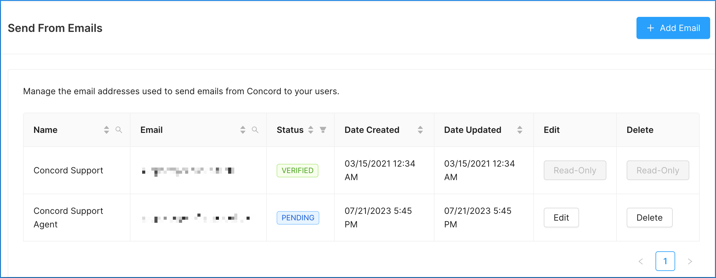 Concord Admin UI Global Settings Email Table