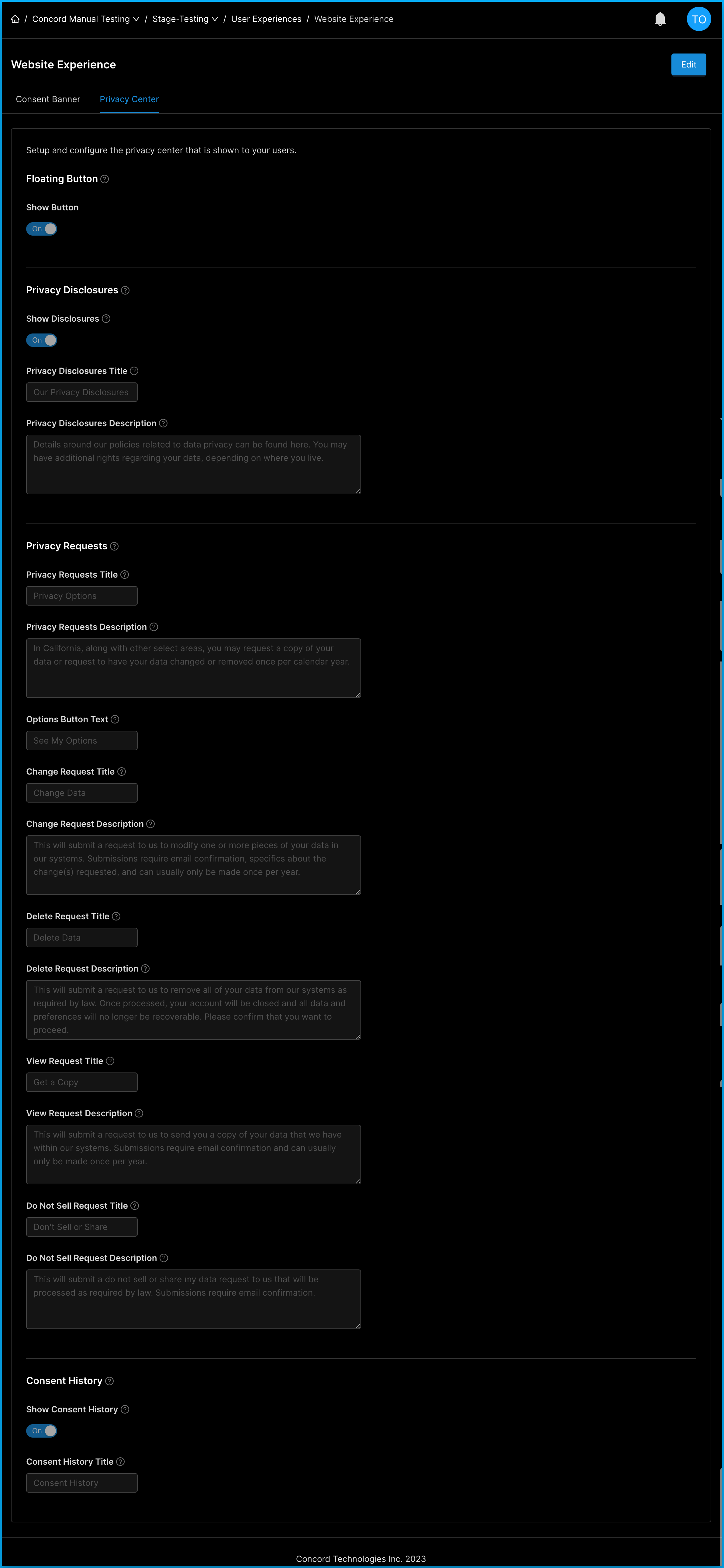 Concord Website Experience configuration options. 