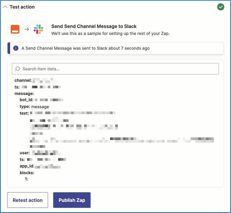 Concord Zapier Integration Send Message to Slack Test Result