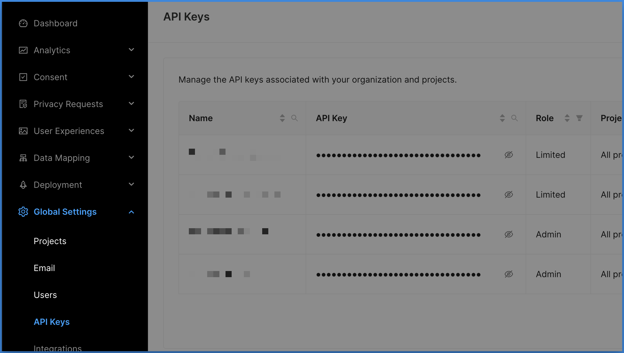 Concord Admin UI Navigation Global Settings API Keys