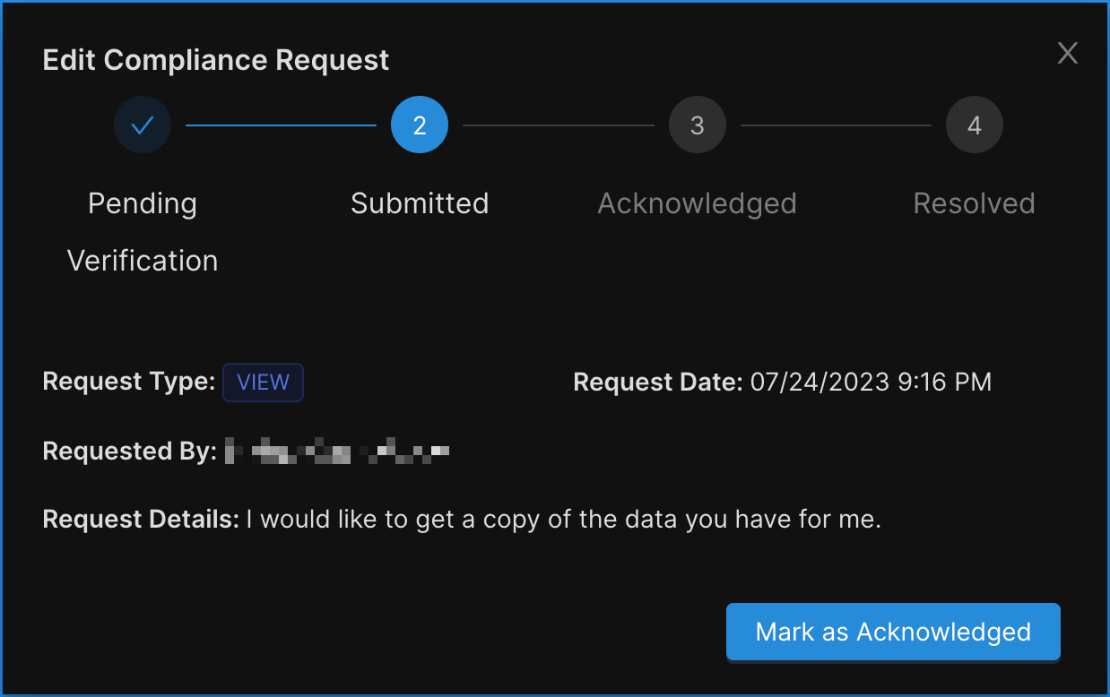 Concord Admin UI Edit Privacy Request Mark as Acknowledged