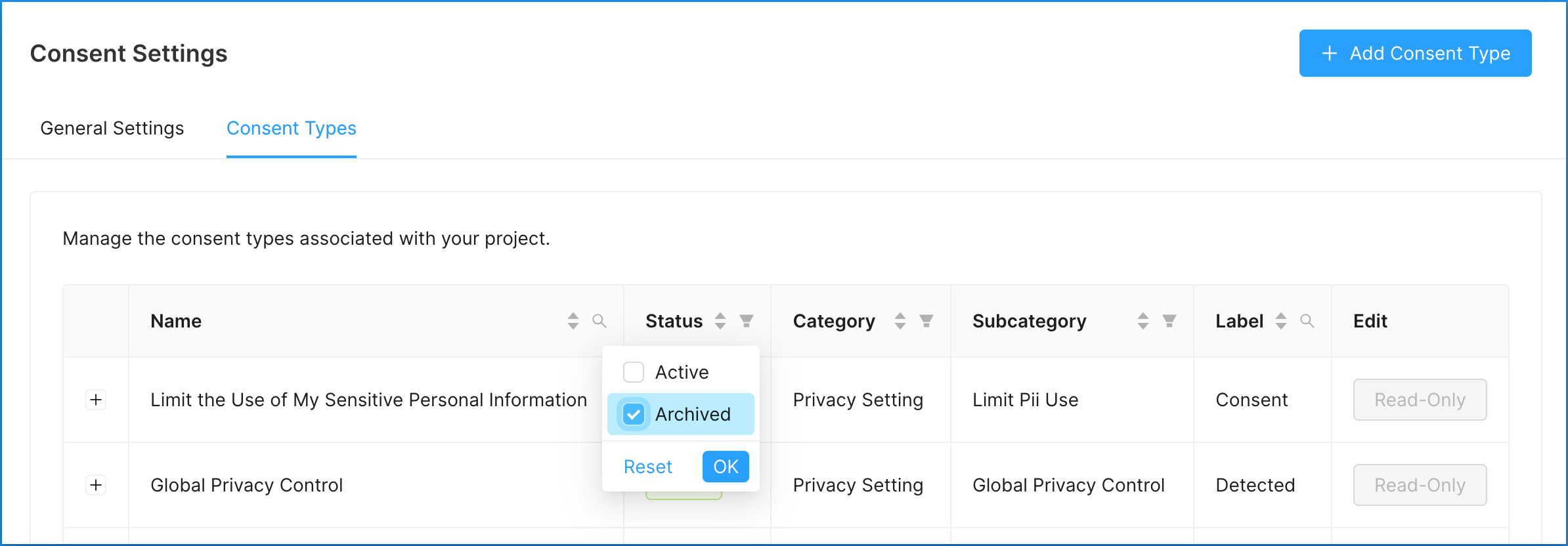 Concord Admin UI Consent Settings View Archived Consent Types