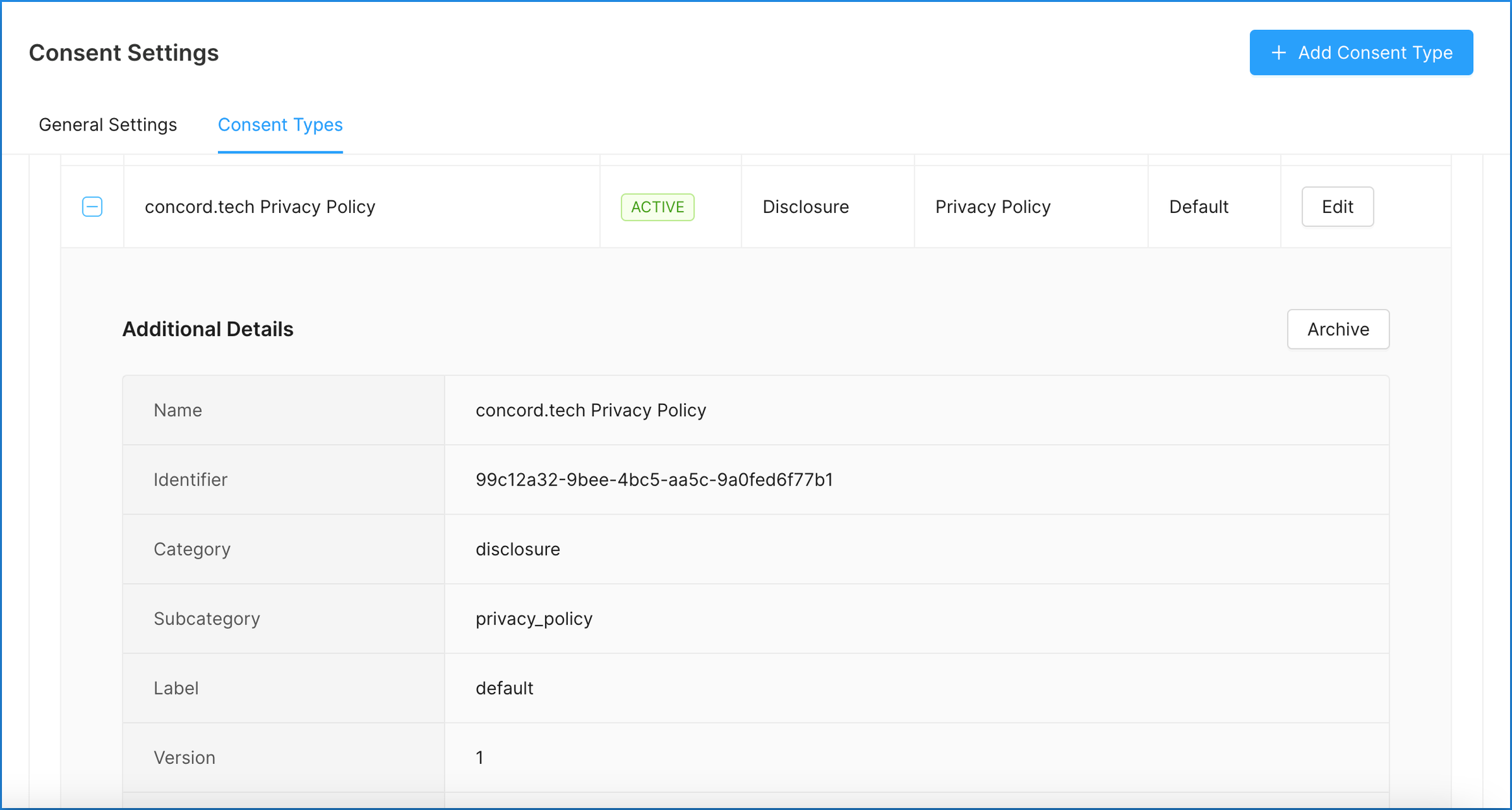 Concord Admin UI Consent Settings Consent Types Archive