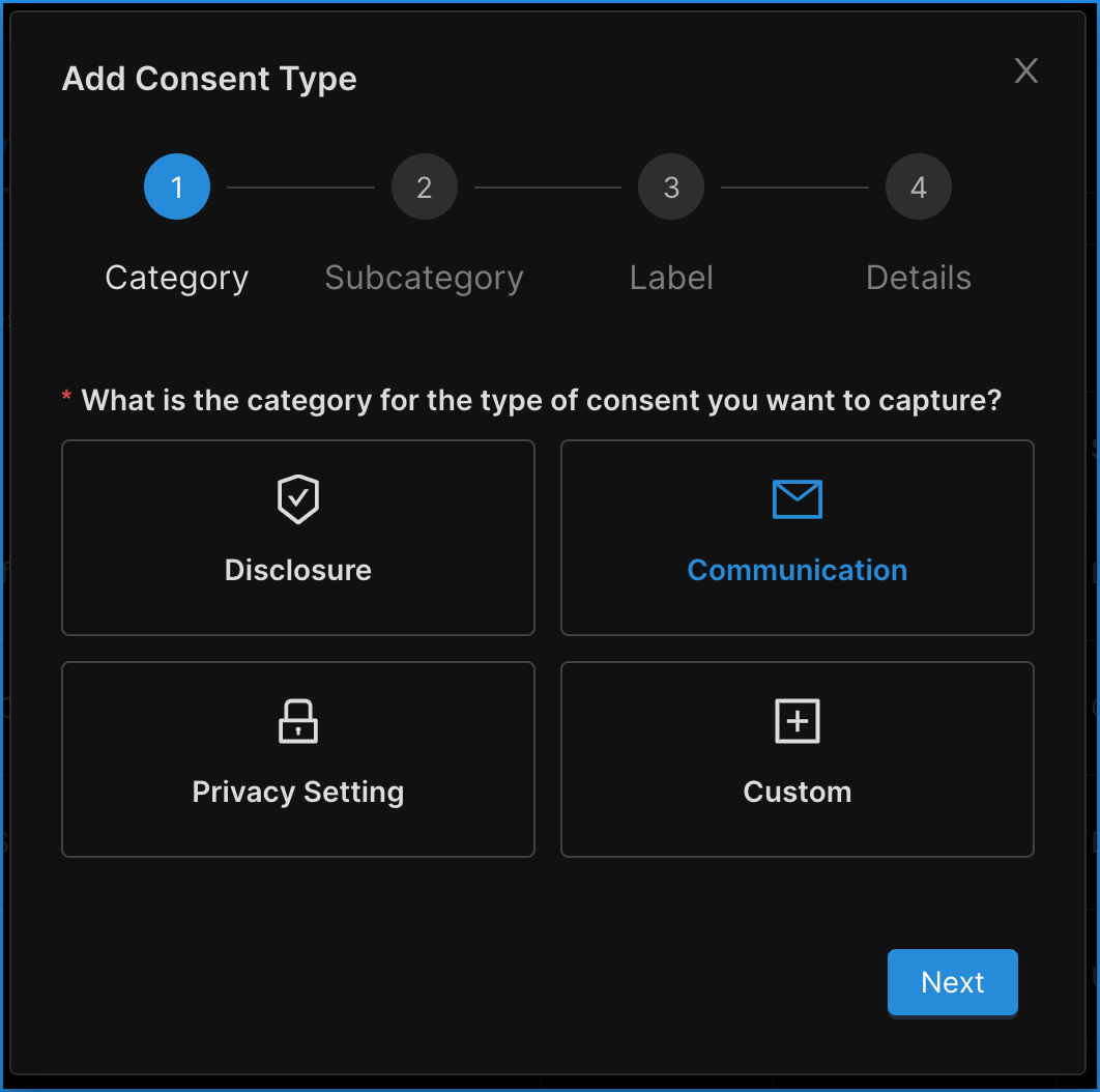 Concord Admin UI Navigation Add Consent Type Category