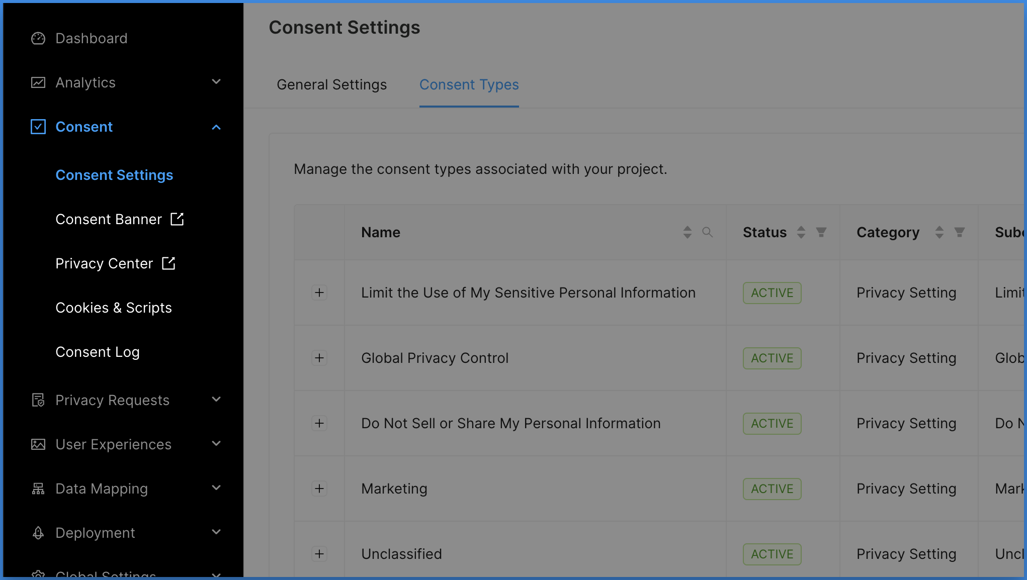 Concord Admin UI Navigation Consent Settings Consent Types