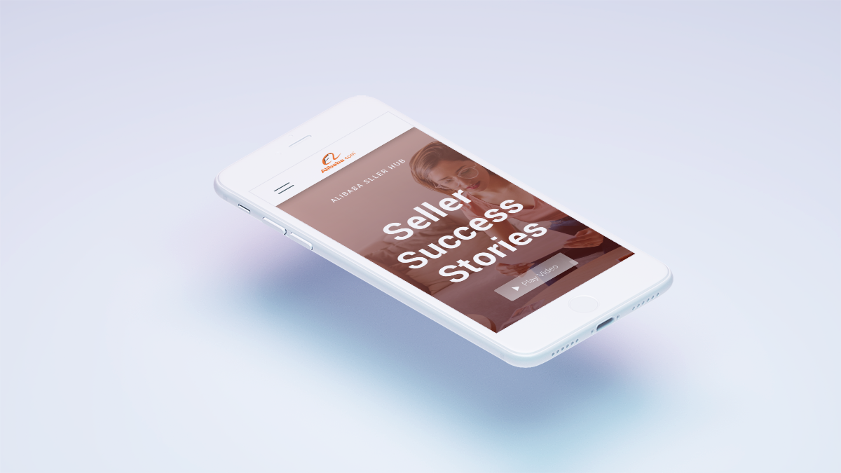 An image of a smartphone with a full-page takeover video labeled "Alibaba Seller Hub: Seller Success Stories." The video has a "play video" button on it.