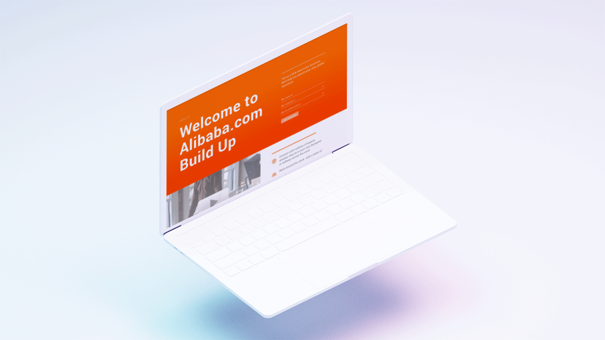 An image of a laptop showing a landing animation on the Alibaba buildup site.