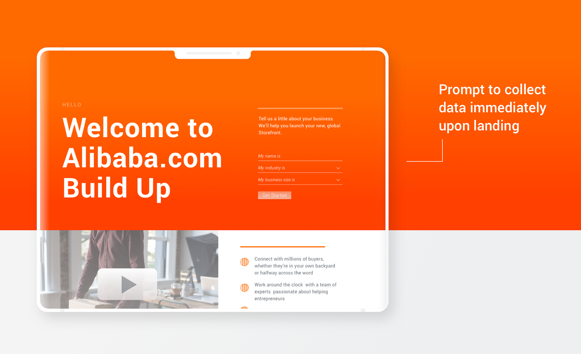 An image showing the user interface on the Alibaba.com/buildup site. A landing page form is labeled, "Prompt to collect data immediately upon landing."