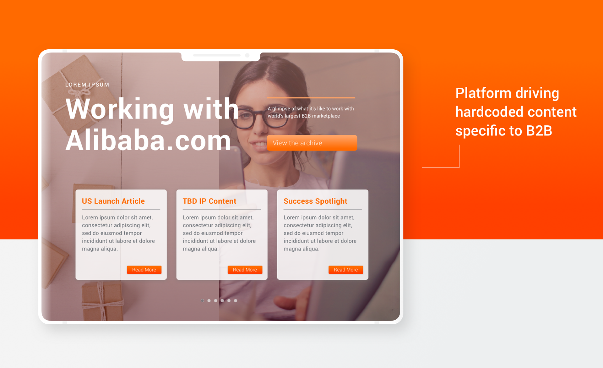 An image showing a content carousel further down the page on the the Alibaba.com/buildup user interface. The carousel is labeled, "Platform driving hardcoded content specific to B2B."