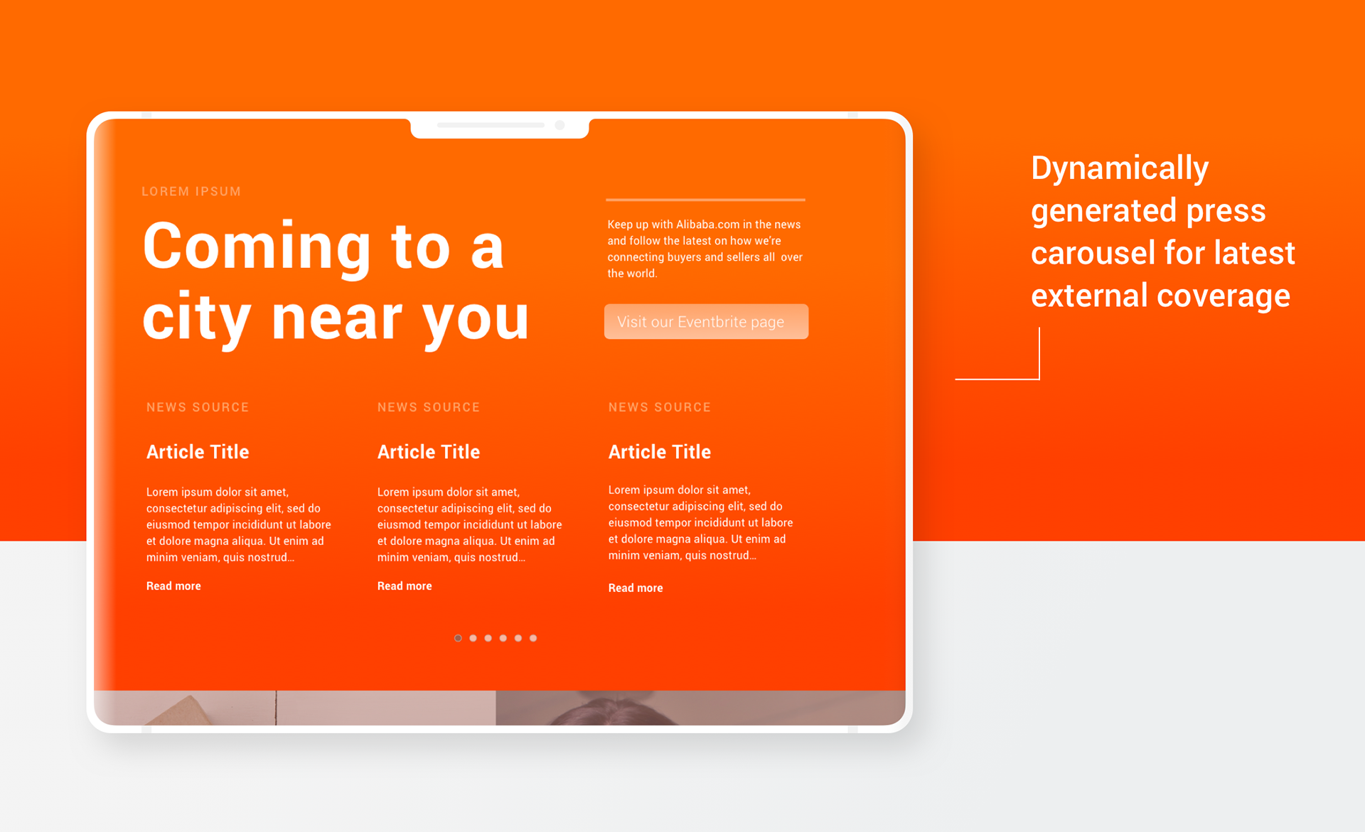 An image showing an article carousel further down the page on the the Alibaba.com/buildup user interface. The carousel is labeled, "Dynamically generated press carousel for latest external coverage."