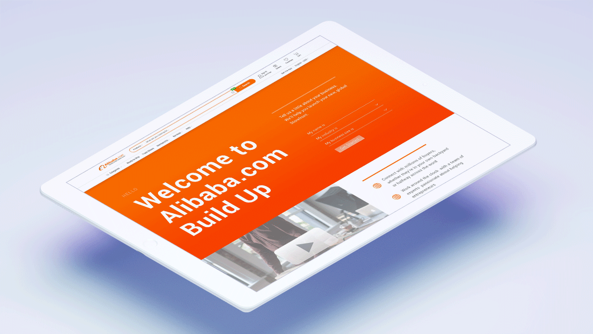 An image of an iPad showing a landing animation on the Alibaba buildup site.