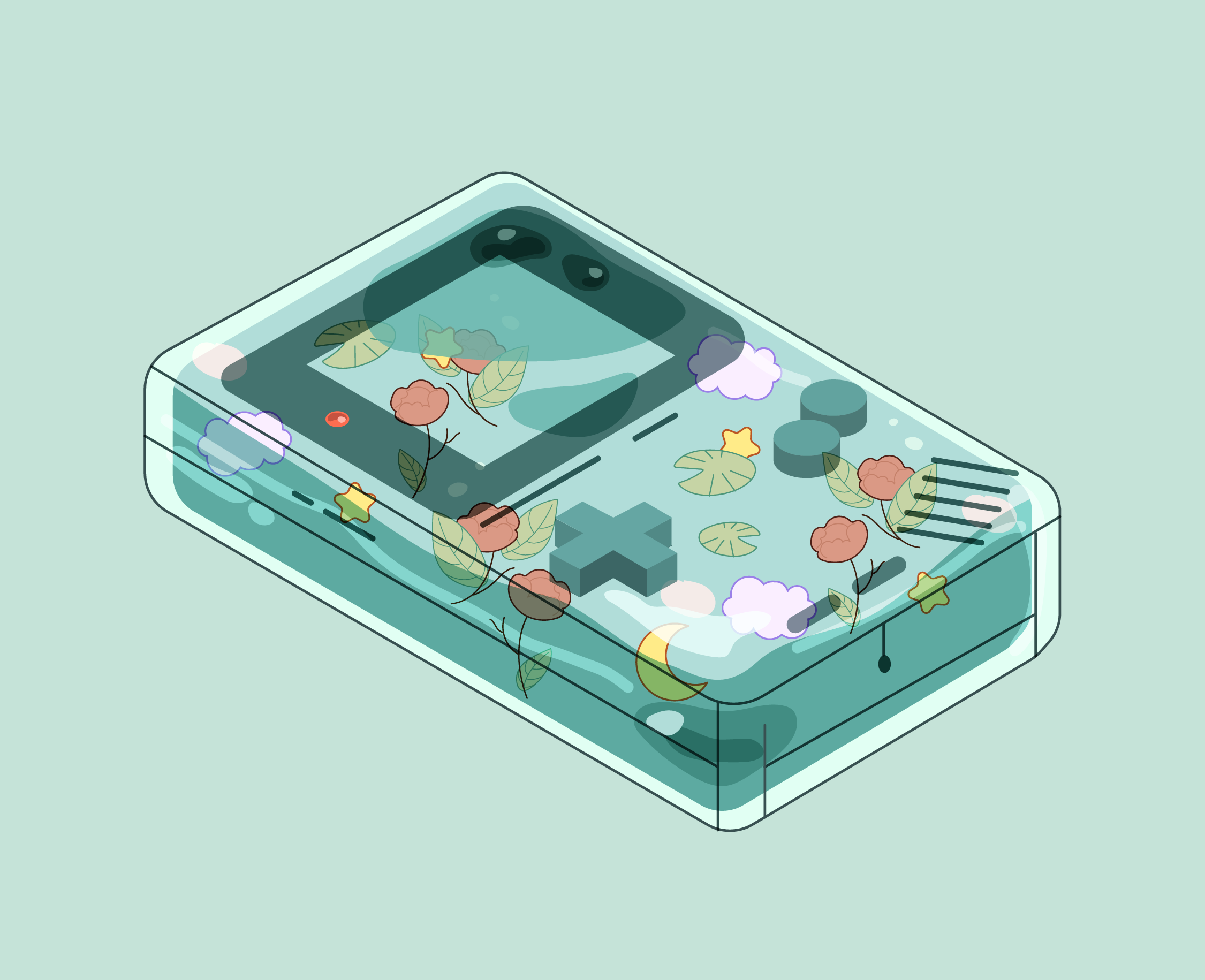 Illustration of a clear Gameboy Color filled with jelly, lily pads, stars, a crescent moon, bubbles, clouds and roses. 