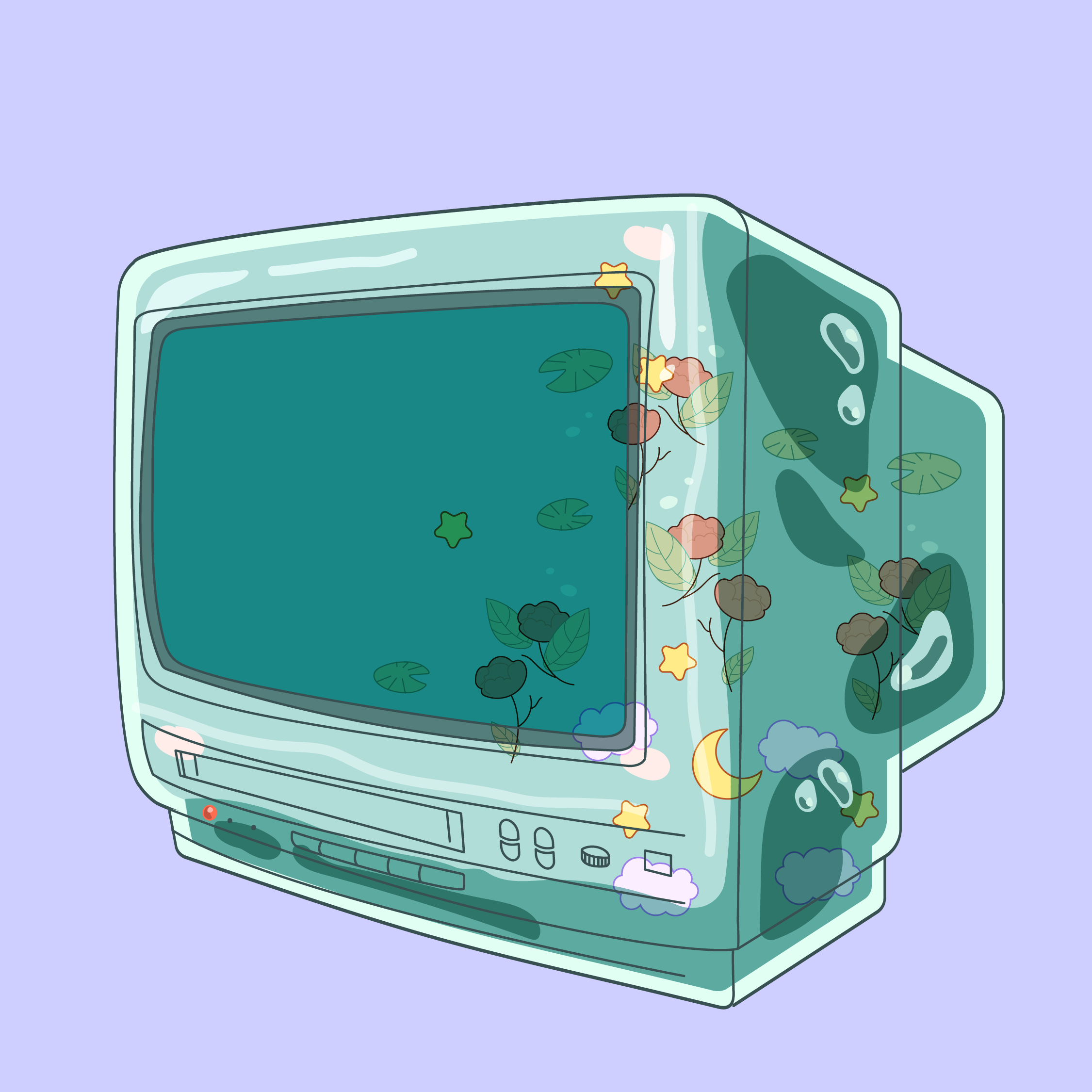 Illustration of a clear CRT box television filled with jelly, lily pads, stars, a crescent moon, bubbles, clouds and roses. 