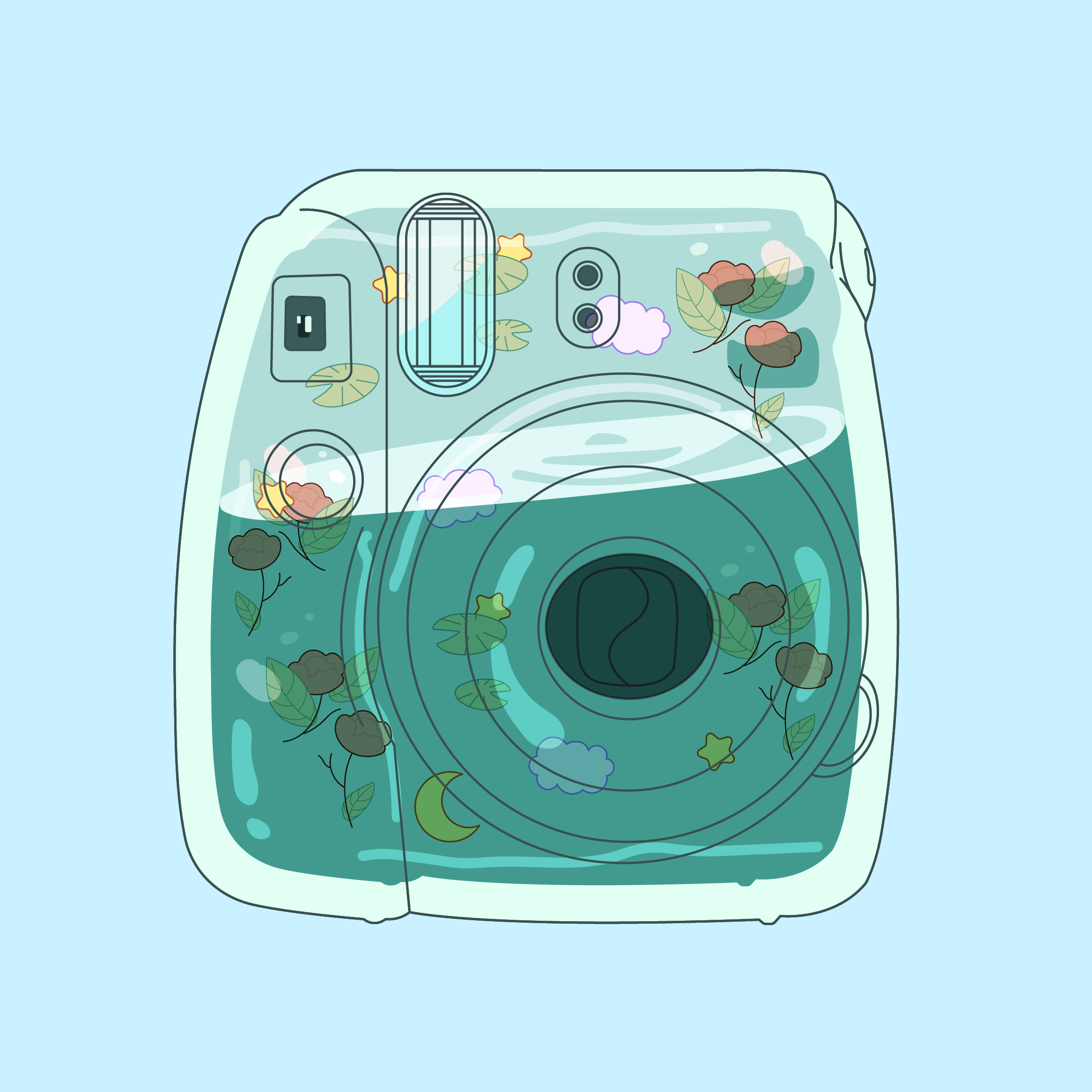 Illustration of a clear Polaroid camera filled with jelly, lily pads, stars, a crescent moon, bubbles, clouds and roses. 